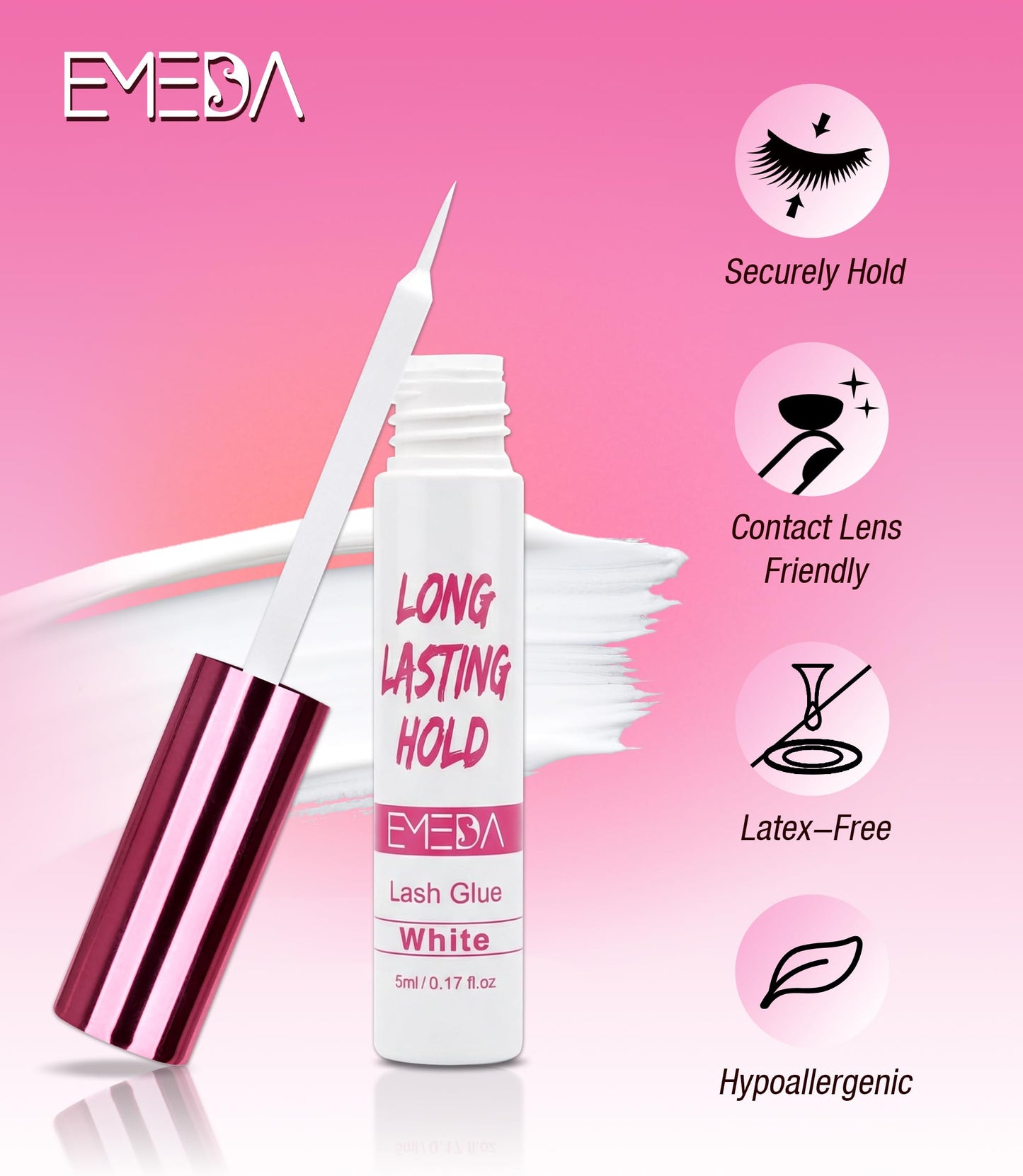 EMEDA 5 Day Strong Hold Lash Glue, Hypoallergenic Waterproof Eyelash Adhesive for Strip Lashes & Lash Clusters, Quick Dry Gentle Formula, Long Lasting Lash Glue with Precision Brush Applicator (White)