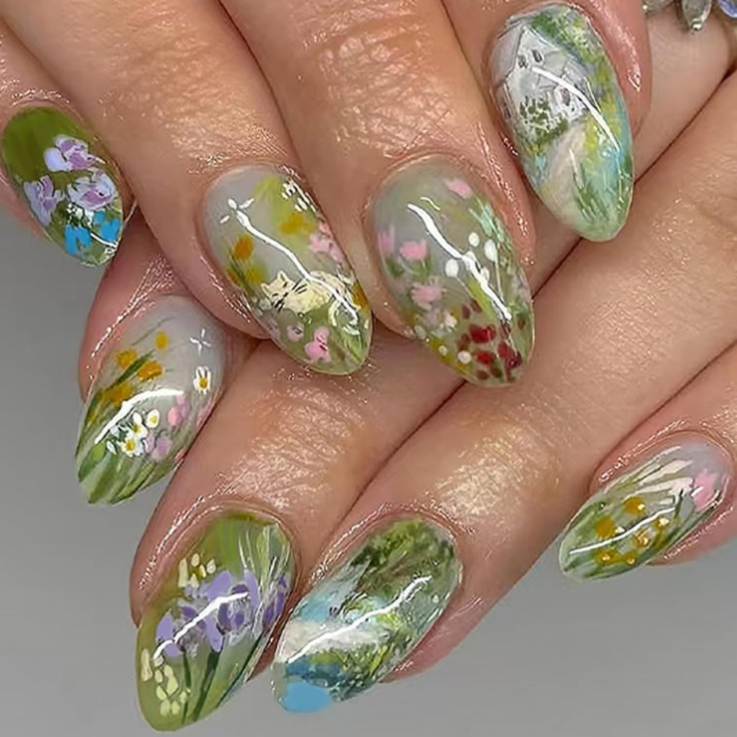 Flower Nail Press Ons - French Tip 3D Floral Butterfly Acrylic Nails | Glossy Pink Medium Almond Full Cover - 24 Pcs