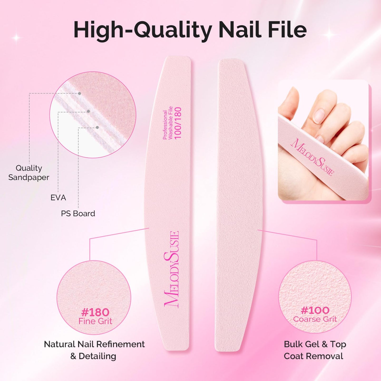 MelodySusie 10Pcs Nail Files 100/180 Grit, Mixed-Shape Double Sided Emery Boards Bulk Pack for Acrylic, Gel and Natural Nails, Professional Manicure Pedicure Shaping Tools for Home Salon, Pink
