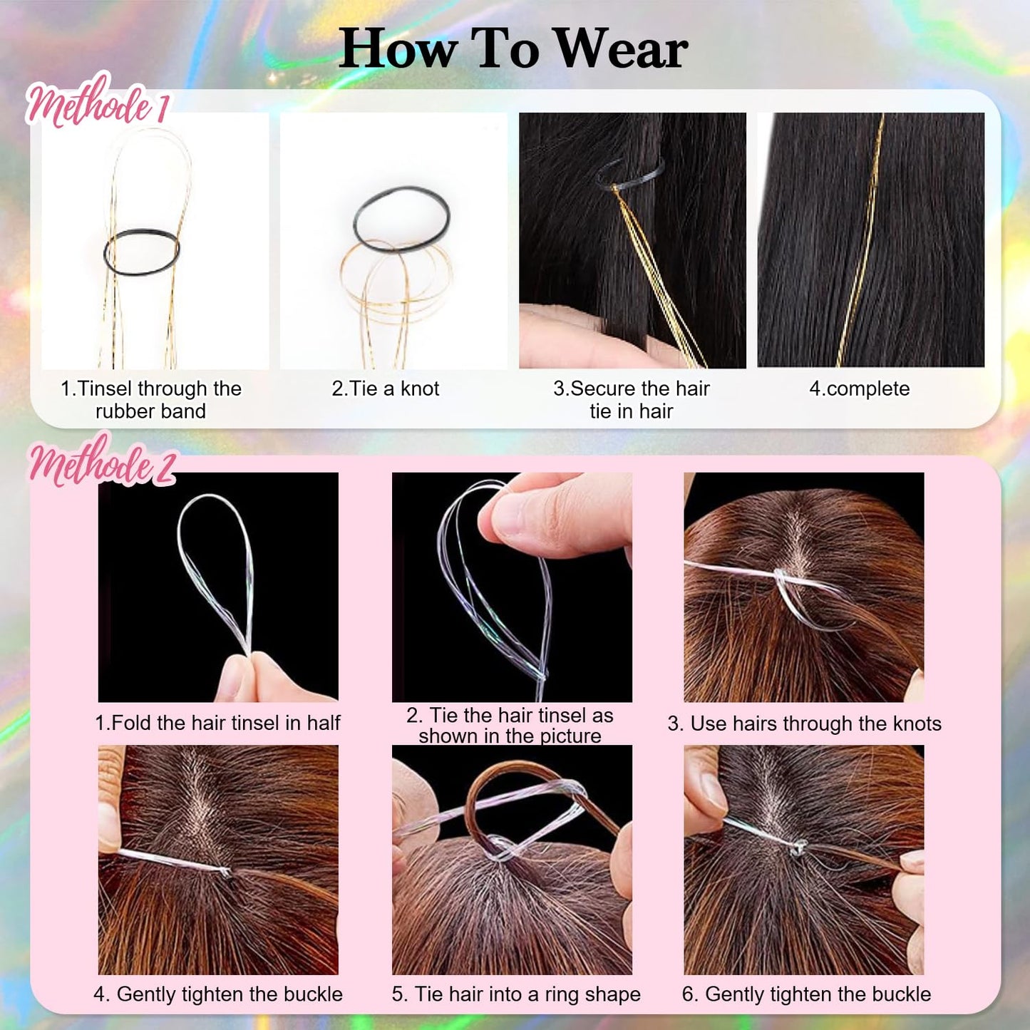 Hair Tinsel 8 Packs 1600 Strands 50 Inch Tinsel Hair Extensions Black Heat Resistant Glitter Sparkling Shinny Fairy Hair Accessories for Women(Black, 50Inch)