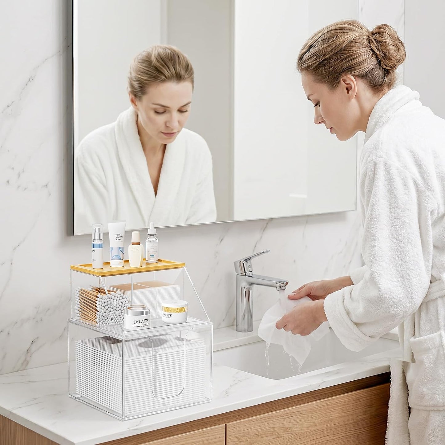 Acrylic Disposable Face Towel Holder - 2-Tier Organizer for Facial Towels & Cotton Pads | Clear with Bamboo Lid