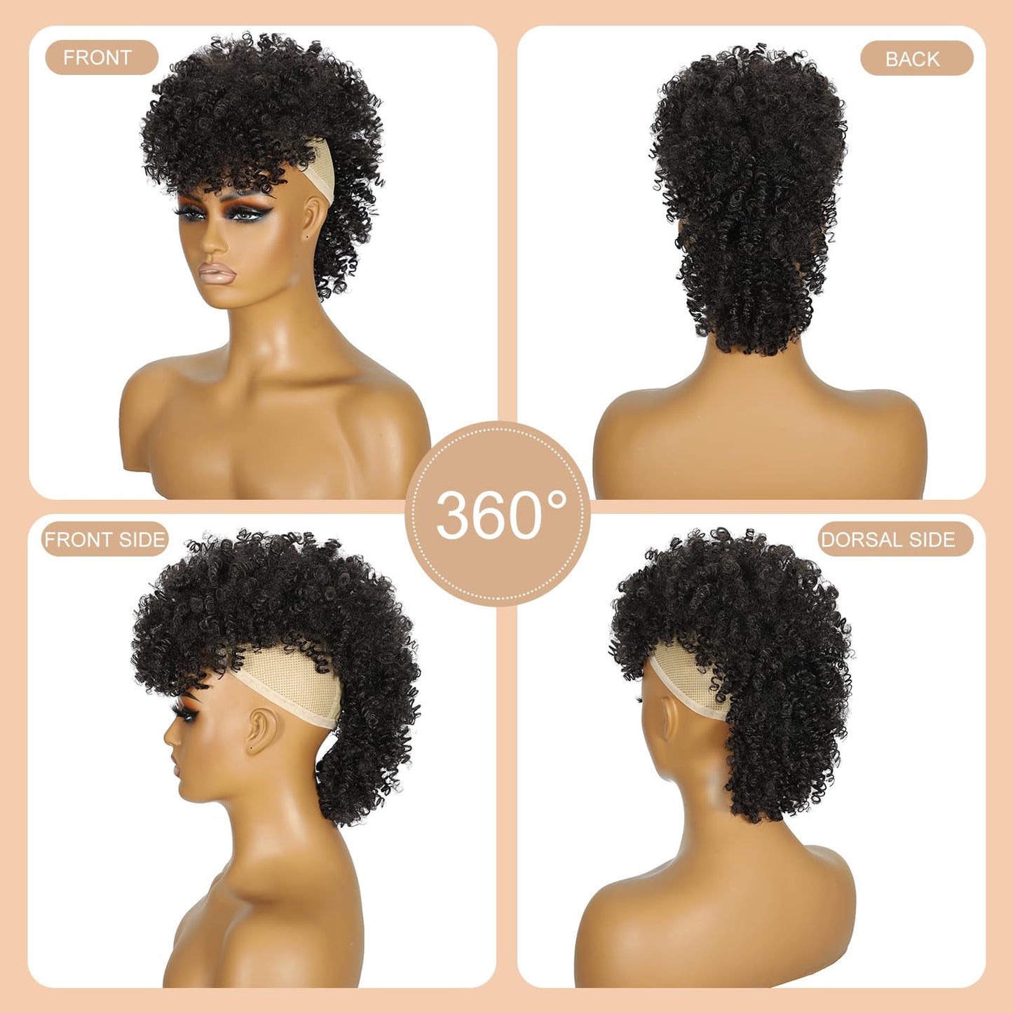 Mohawk Wig Kinky Curly Natural Black Ponytail with Bangs,Short Curly Synthetic Clip on Mohawk Ponytail Extension Hair Pieces for Women with Six Clips and Two Combs Fluffy Hair for Daily and Party Use