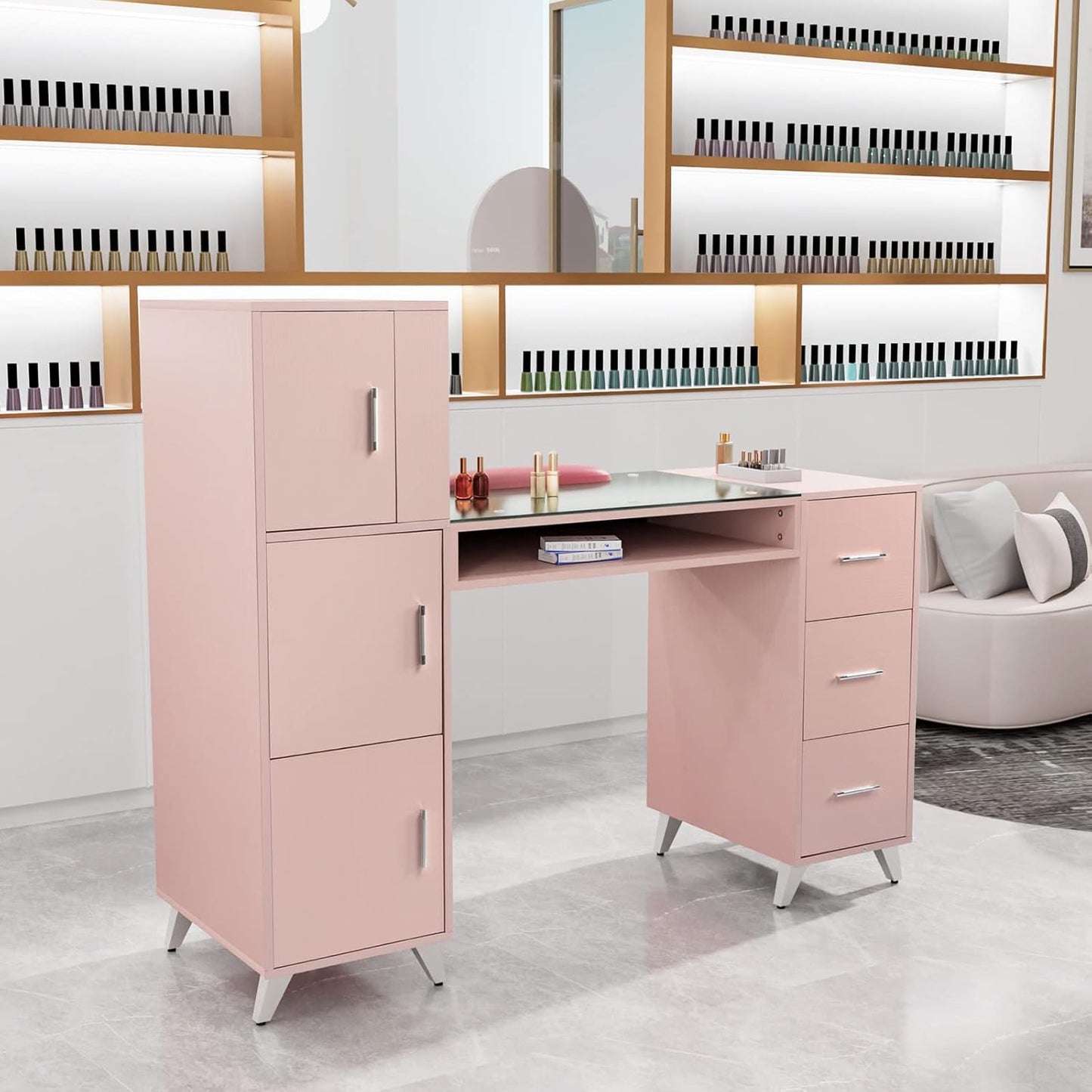OmySalon Manicure Table - Nail Desk with Glass Top & Wrist Rest | Acetone Resistant, 3 Cabinets & Drawers