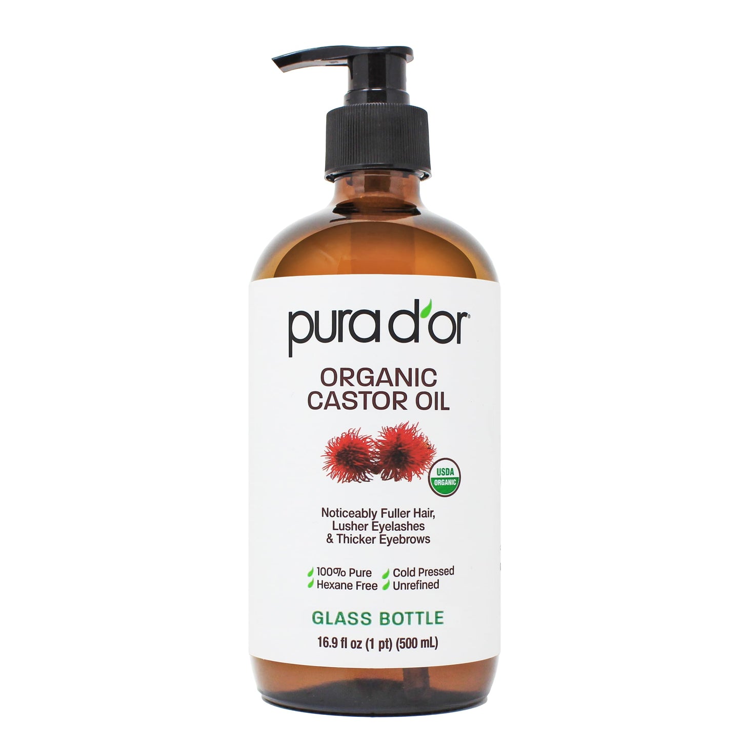 PURA D'OR ORGANIC Castor Oil (16.9 Oz GLASS BOTTLE) Pure Cold-Pressed Hexane-Free USDA Certified – Lashes Brows Hair Scalp Skin – Botanical Moisturizer for Softness Strength Hydration Shine Radiance