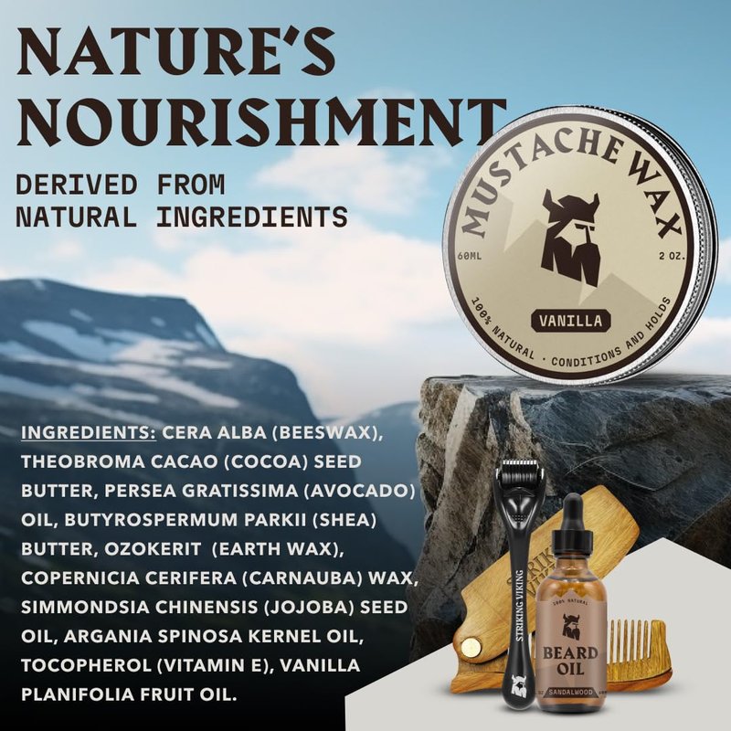 Striking Viking Mustache Wax Kit with Comb - 2 Oz, Vanilla - Strong Hold Mustache Grooming Kit for Men - Vanilla-Scented Wax & Comb Set