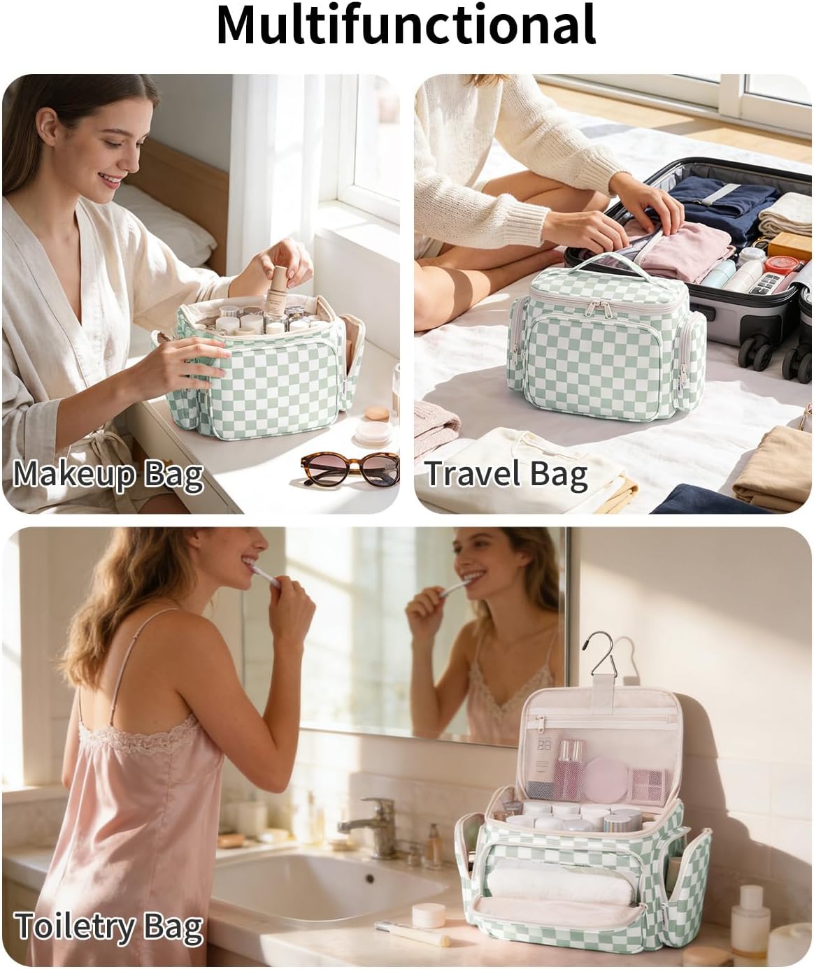 Narwey Travel Toiletry Bag - Wide Open Makeup Organizer with Wet Pocket | Green Checkerboard