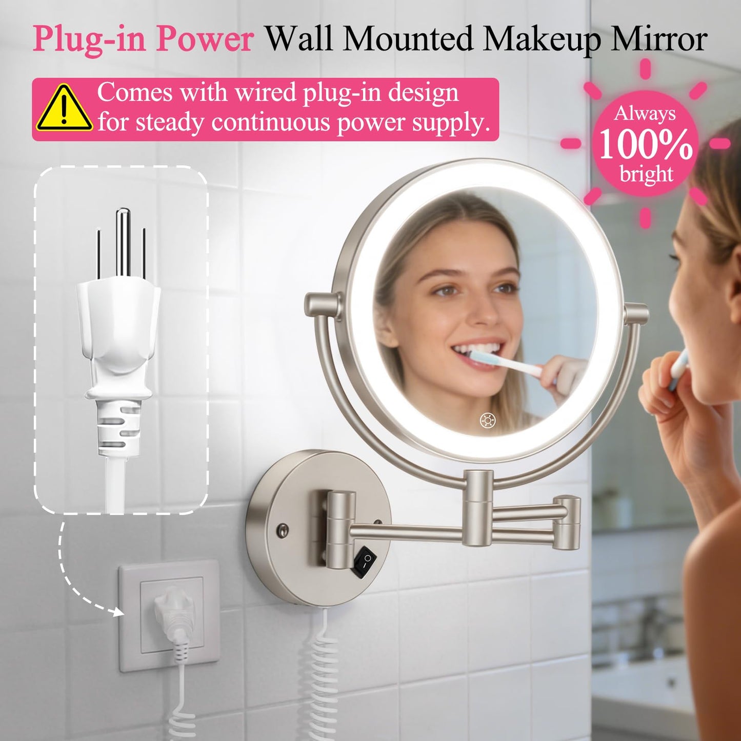 Wall Mounted Makeup Mirror with Lights, 30X/1X Double-Sided Magnifying, Plug-in Lighted Vanity Mirror with 3 Color Modes, Dimmable Brightness, 360° Swivel Extendable Arm for Bathroom & Grooming