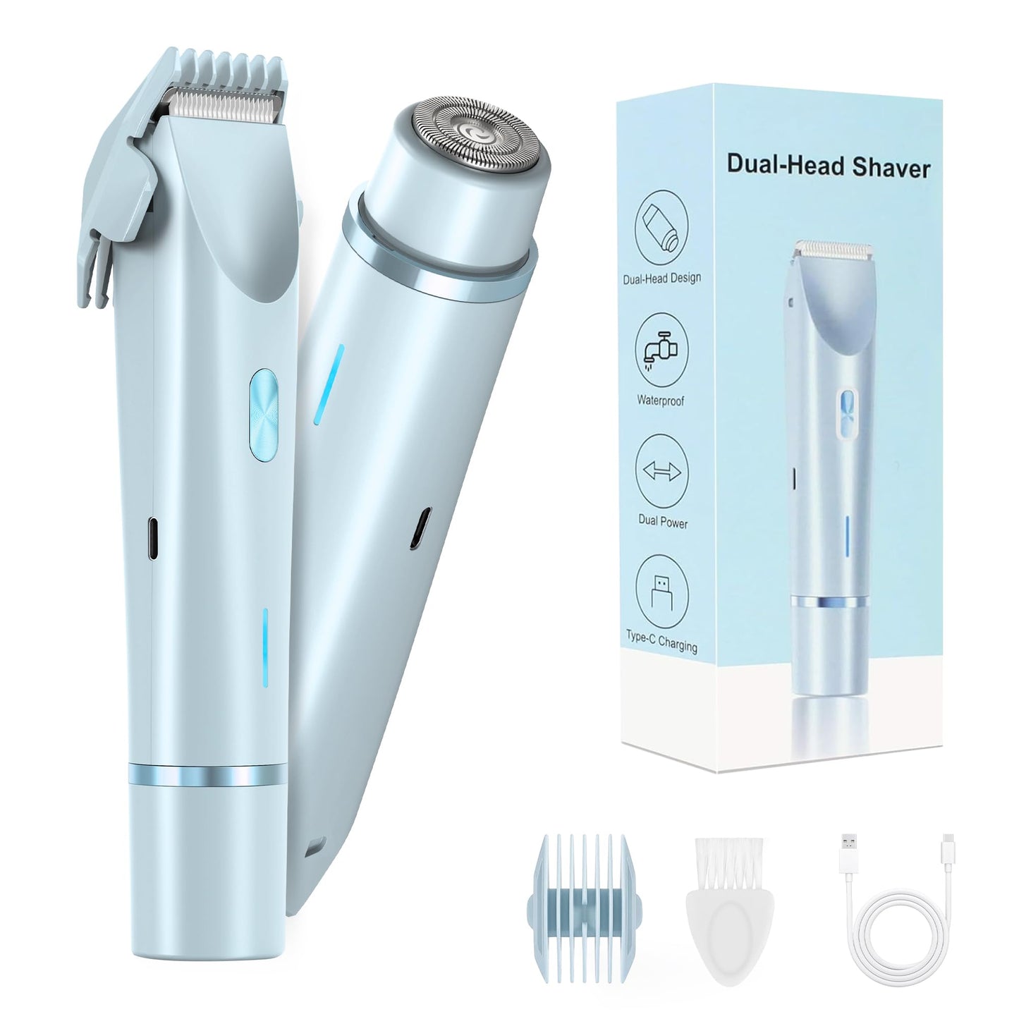 YZDJQX Bikini Trimmer for Women-2 in 1 Dual Head Electric Razors,IPX7 Waterproof Bikini Electric Shaver,Dry & Wet Use Painless Bikini Shaver,Pubic Hair Trimmer for Private Area & Body Hair,Blue