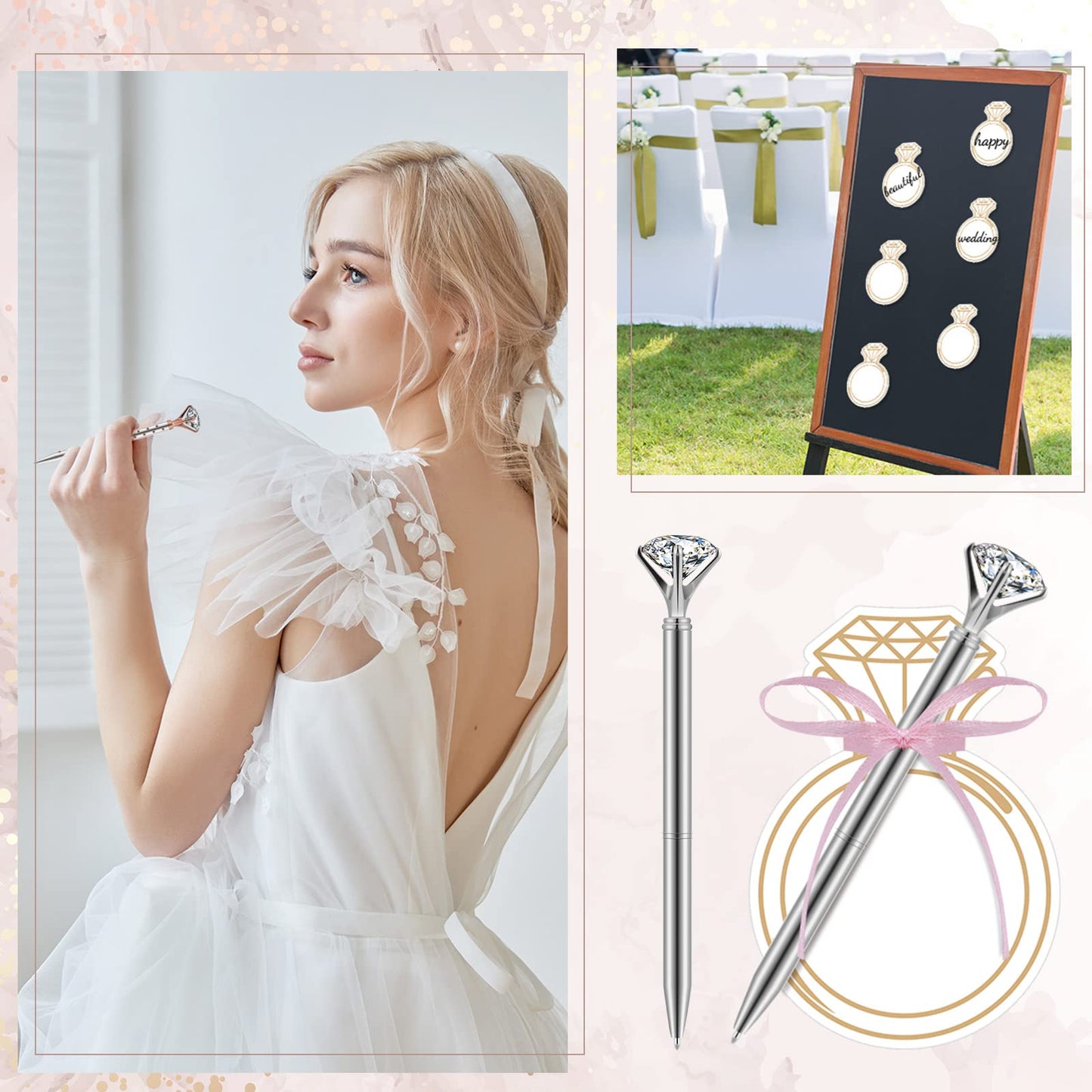 Fuutreo 24 Pack Diamond Ring Sticky Notes Set with Big Diamond Pens Diamond Ring Bling Memo Pad for Wedding Crystal Metal Ballpoint Pens with Black Ink for Bachelorette Office Wedding Gift Supplies