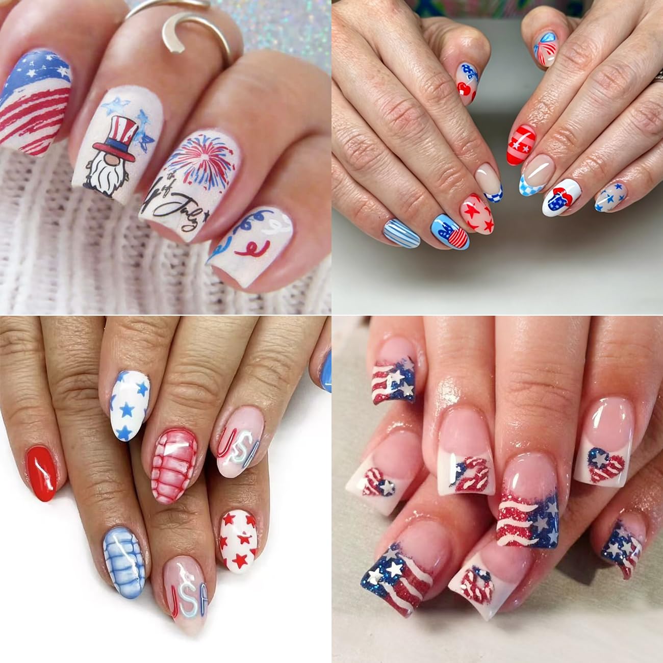6Sheets 4th of July Nail Stickers 3D Self-Adhesive Independence Day Patriotic Nail Decals Red White Blue Star Heart USA Flag Nail Art Stickers for Women Fourth of July Nail Art Design Party Decoration