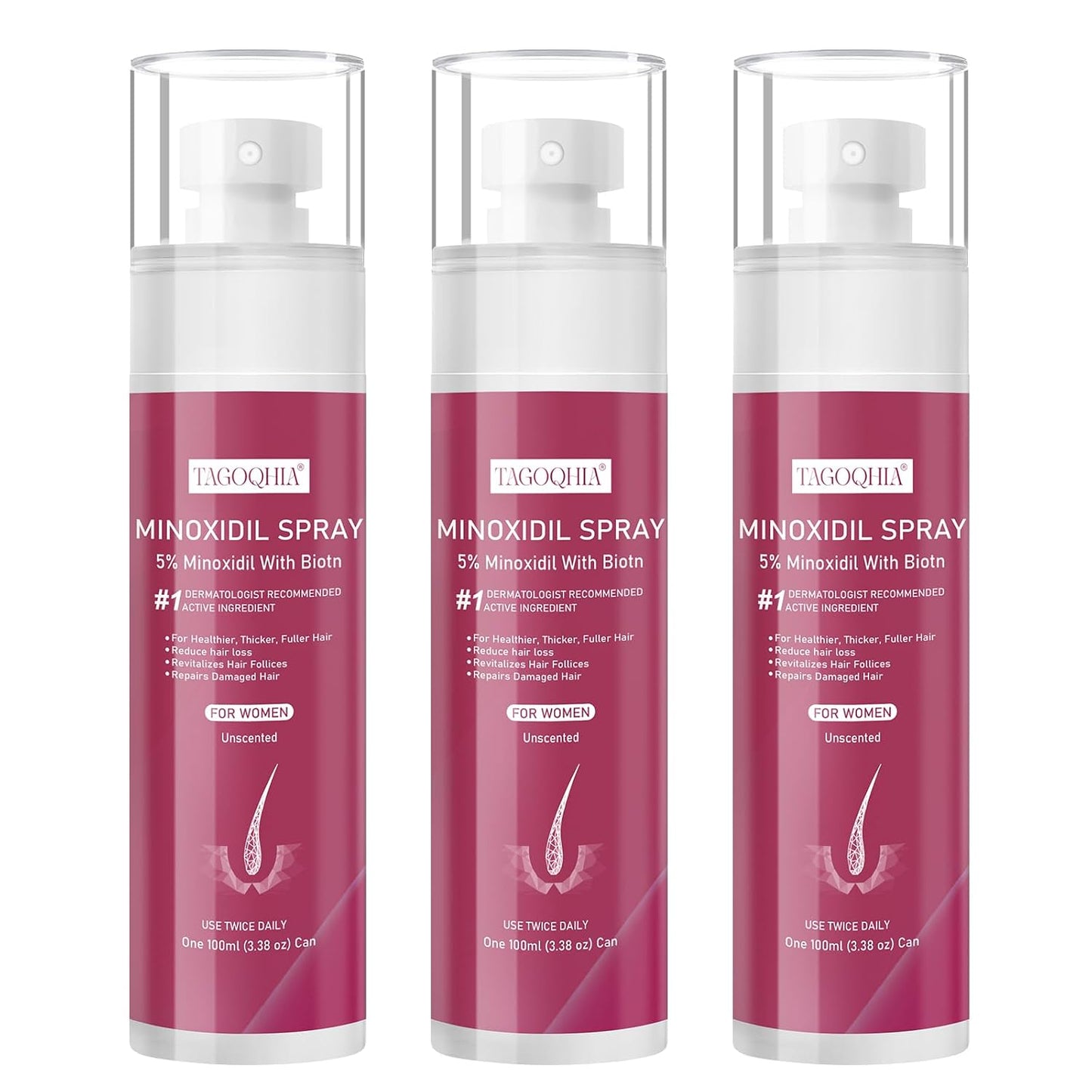 Minoxidil Hair Regrowth Spray for Women - Extra Strength Biotin-Infused Treatment | 3 Bottles
