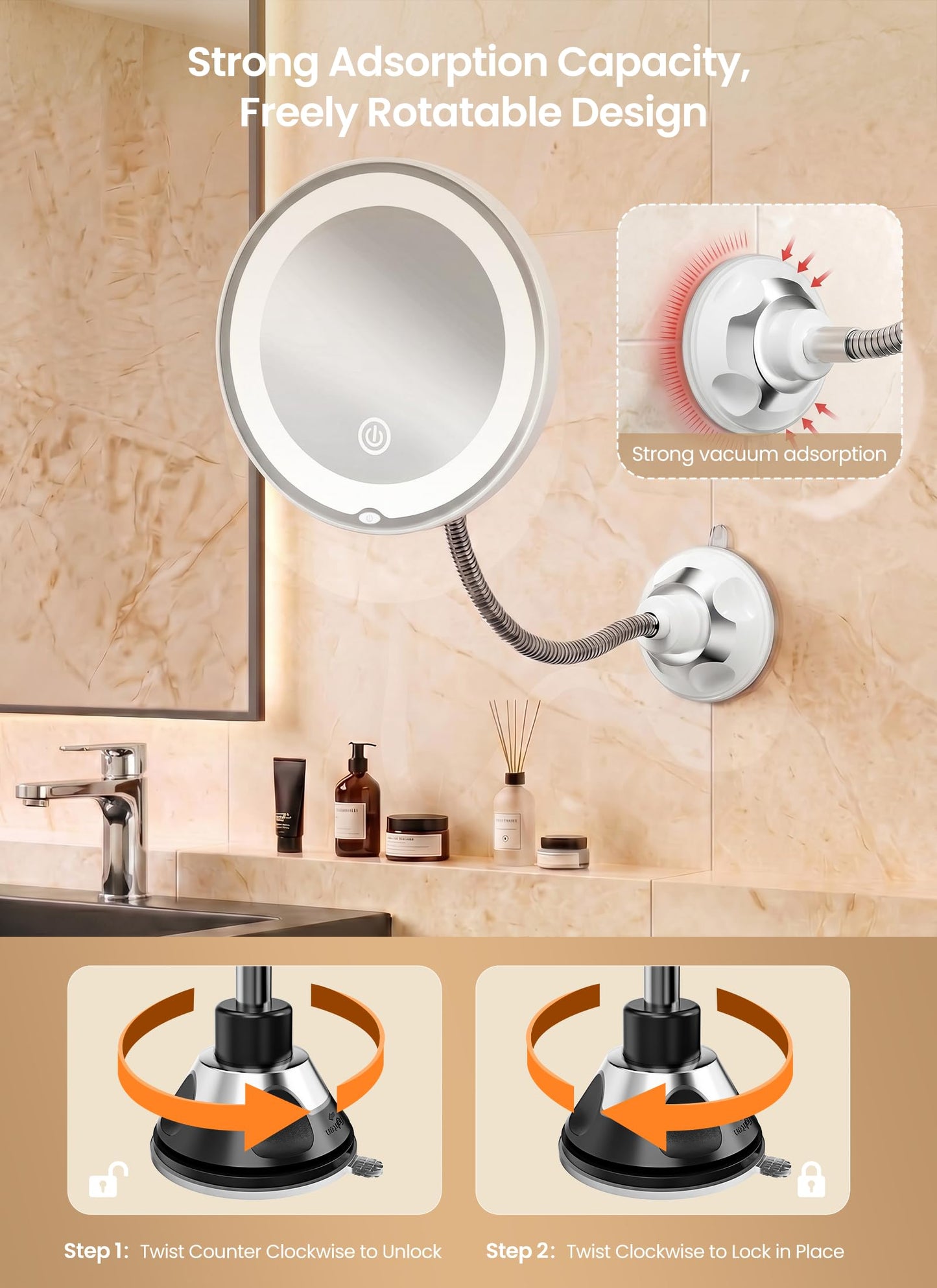 Brightown 10x Makeup Mirror with Lights and Magnification,Flexible Gooseneck Magnifying Mirror with 3 Lighting and Adjustable Brightness,Battery Operated with Suction Cup for Bathroom Bedroom, White