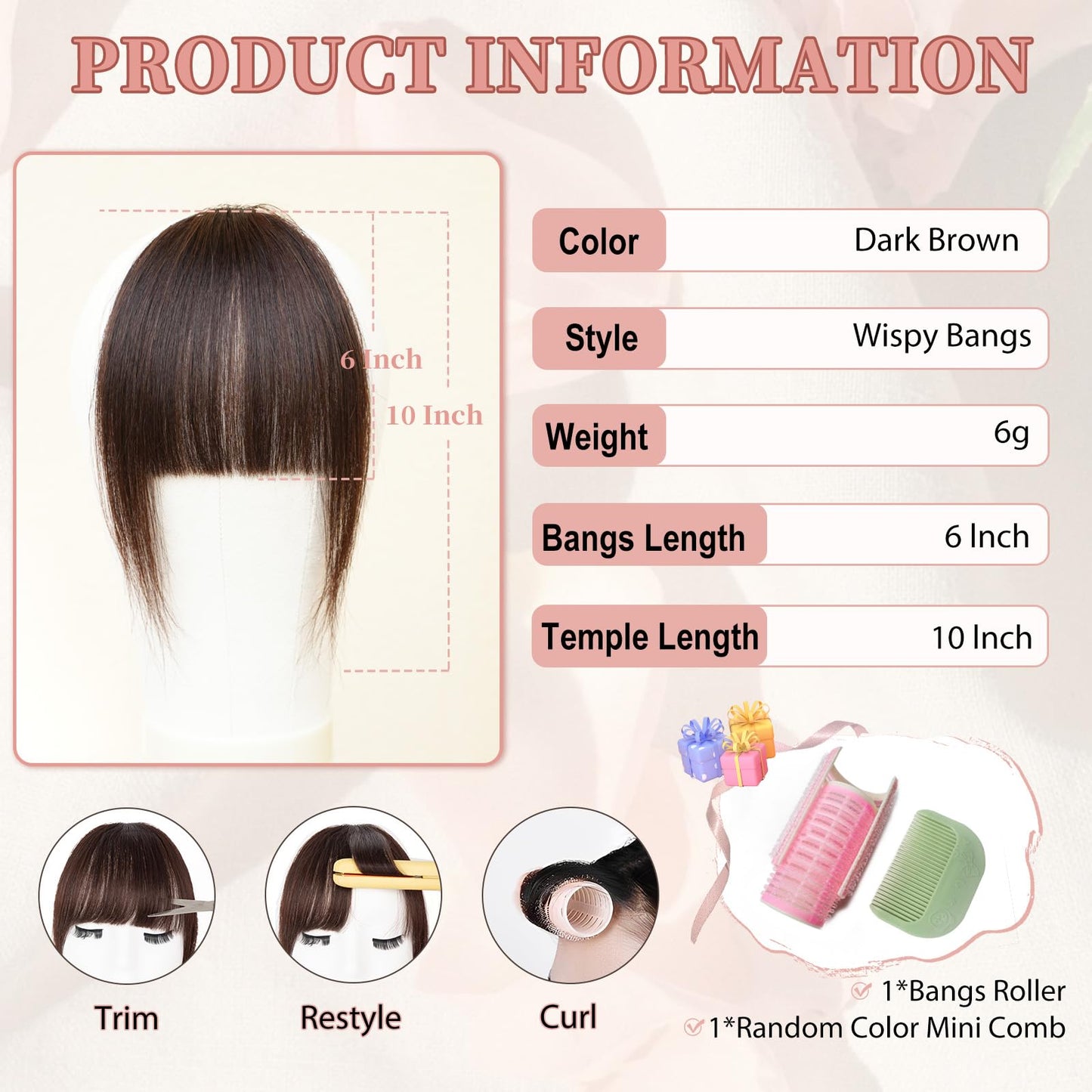 EINAEY Clip in Bangs Real Human Hair Fake Bangs Wispy Dark Brown