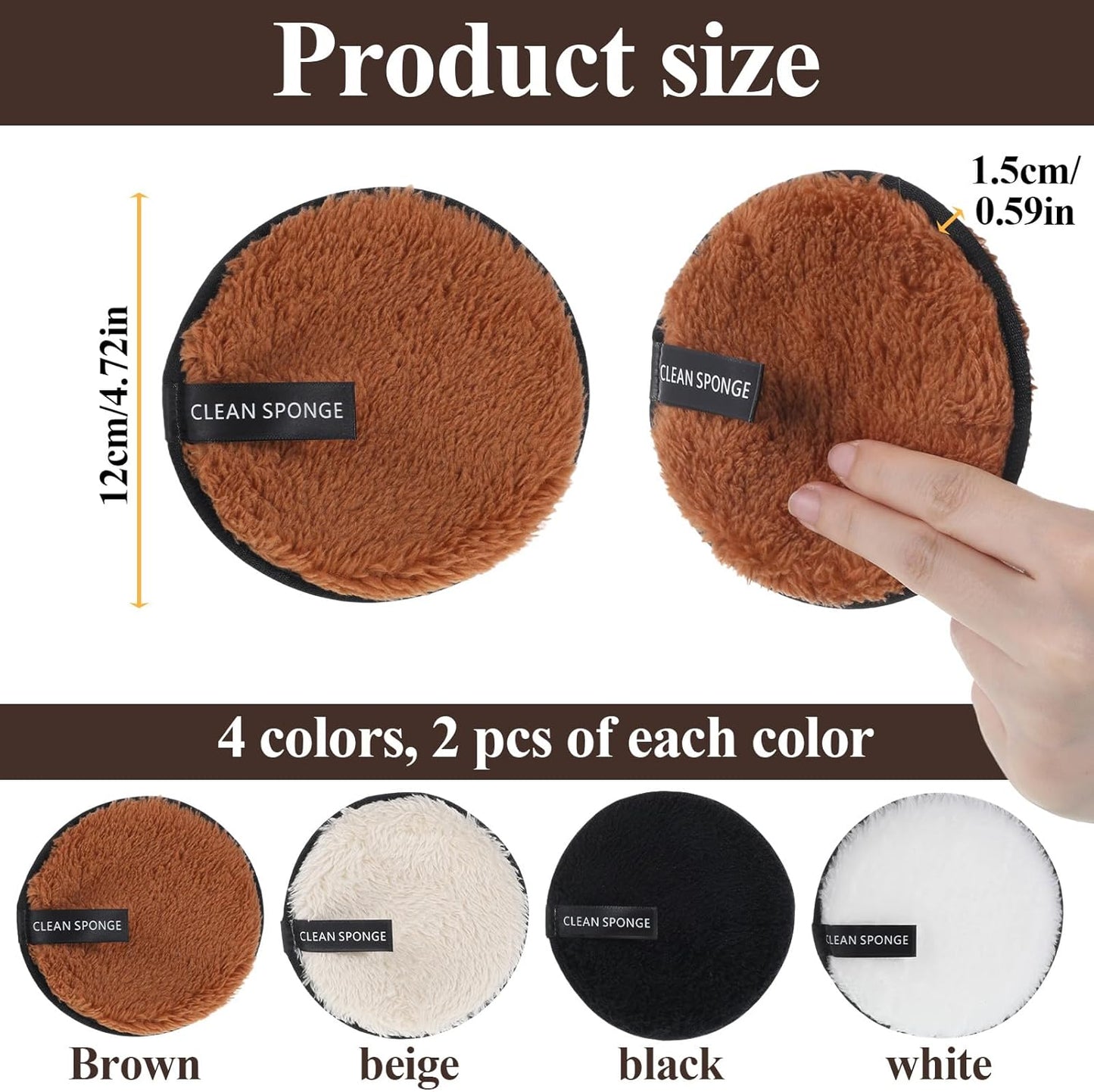 Reusable Makeup Remover Pads - Soft Microfiber Facial Cleansing Puffs | 8-Pack in Black, White, Coffee, Beige