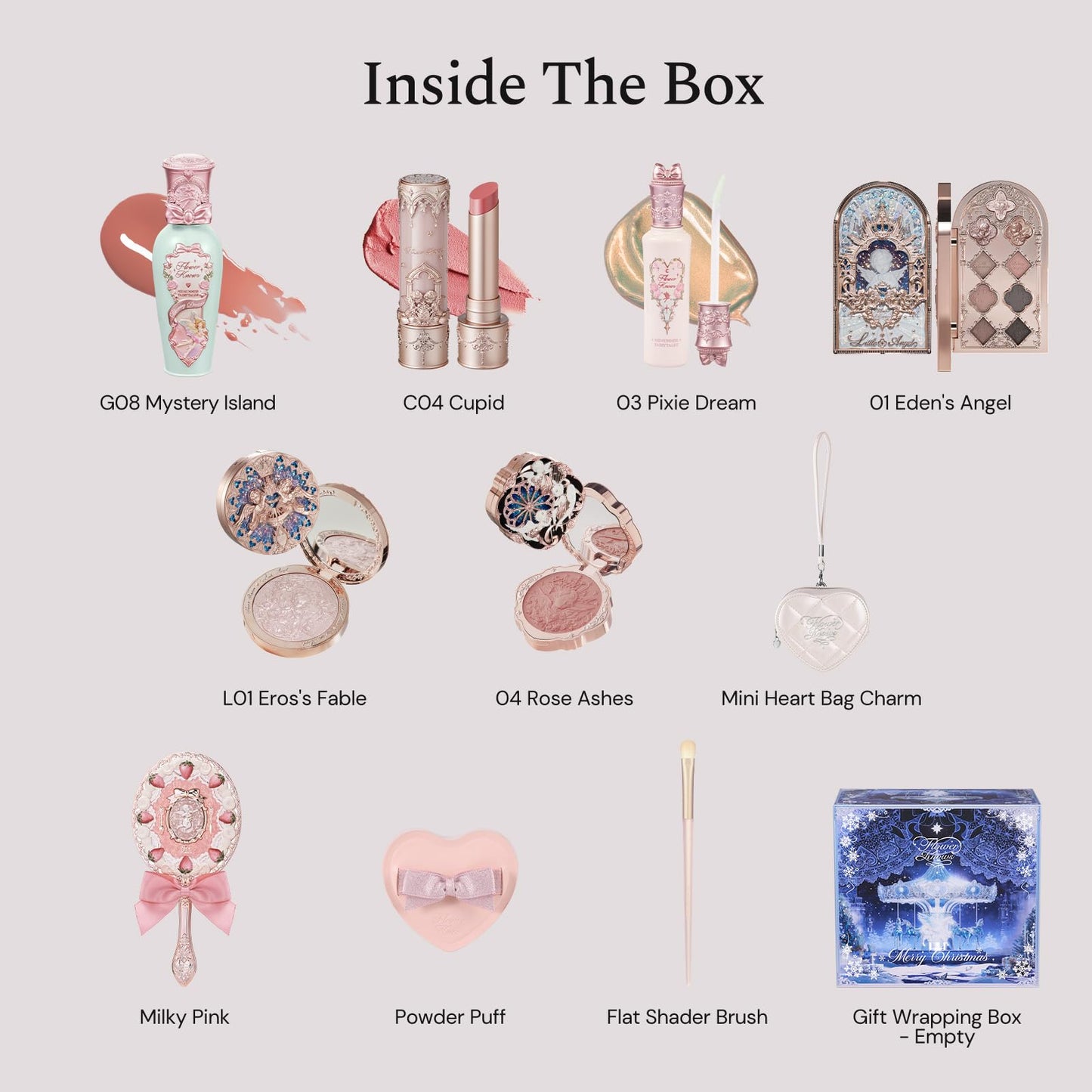 Flower Knows Cherub Bloom 11-Piece Makeup Gift Box Set,Includes Makeup Palette,Lipstick,Blush,Highlighter,Lip Gloss,Hand Mirror,Bag Charm,Brush,Box,Perfect Anniversary Valentine Birthday Make Up Gift