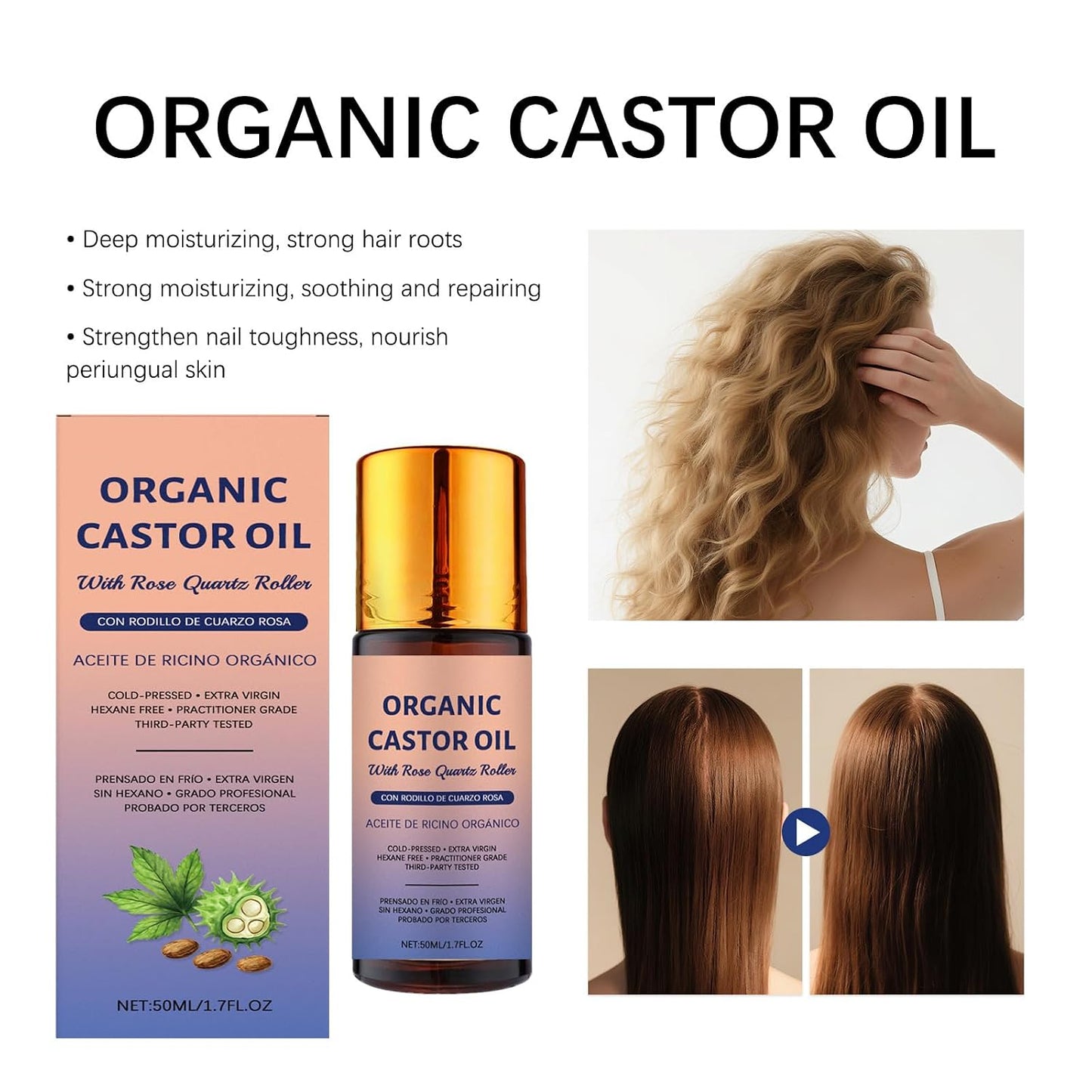 Organic Castor Oil Roll-On - 100% Pure Cold-Pressed for Hair Growth, Eyelashes & Skin Moisturization | 50ml with Rose Quartz