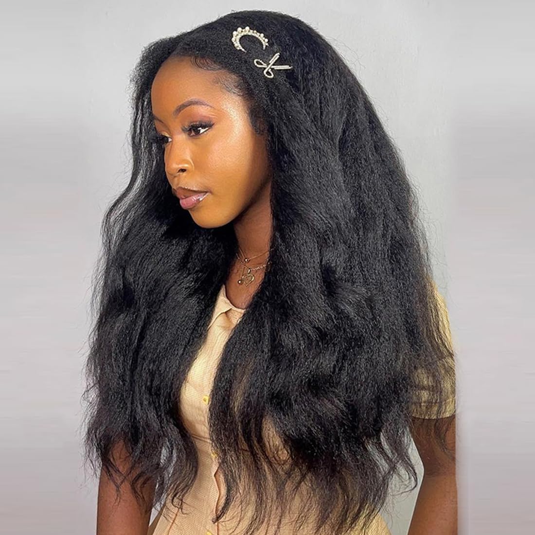 Kinky Straight Half Wig - 180% Density Human Hair | Adjustable Drawstring, Beginner-Friendly, 18 Inch