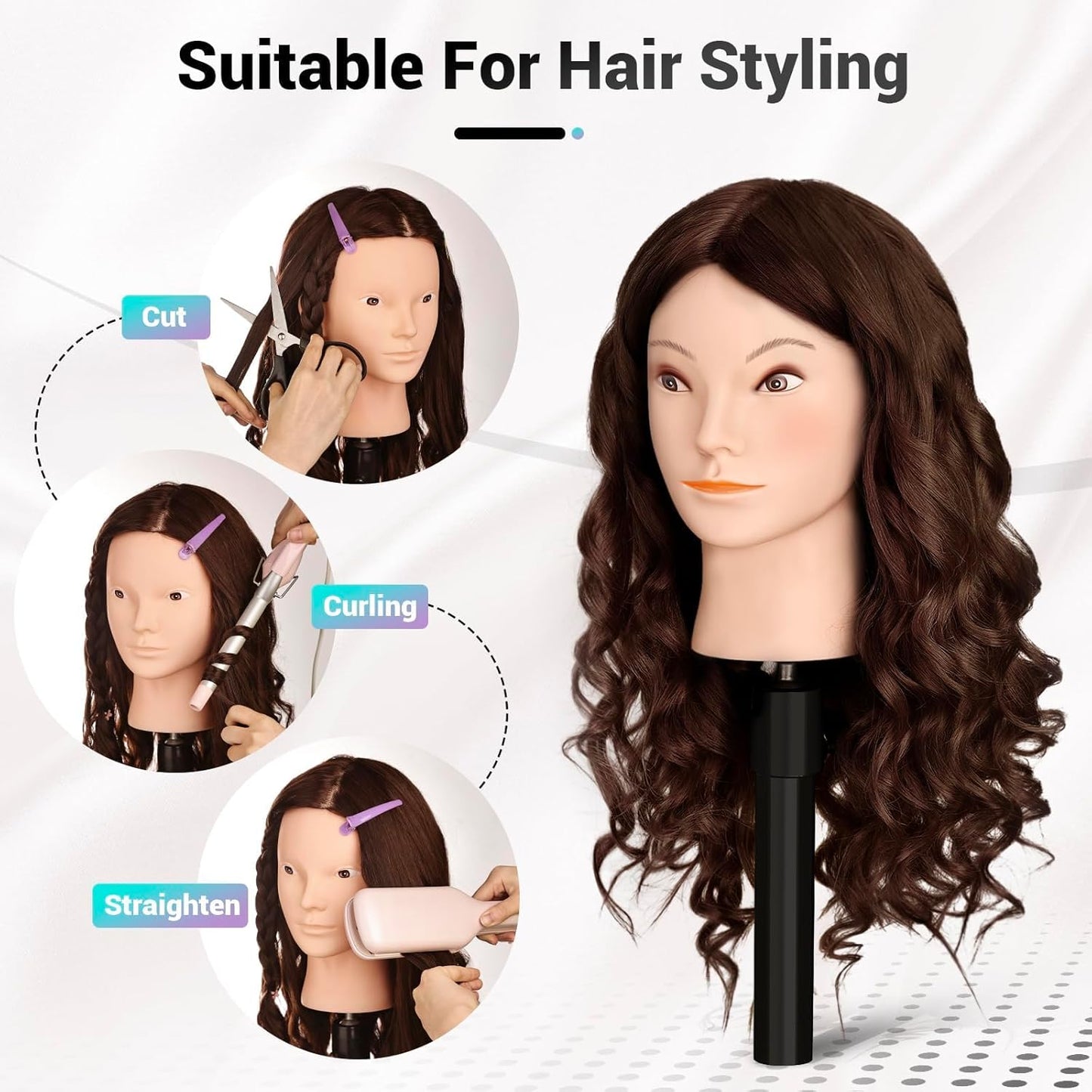 Mannequin Head - 26" Straight Hair Manikin with 80% Human Hair | Cosmetology Training Doll, Dark Brown
