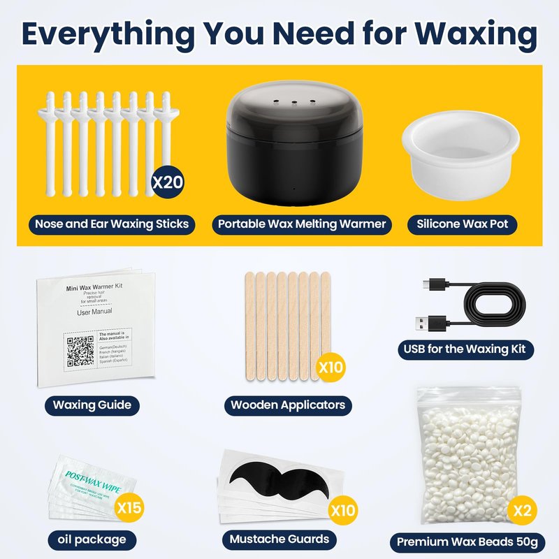 Nose Wax Kit: Nose Hair Wax Kit with USB Fast Heat & Smart Temp, Painless Nose Ear Hair Removal for Women & Men, 100g Hard Wax Beads, 30 Applicator Sticks for Eyebrow, Lip & Facial Hair, Travel Size