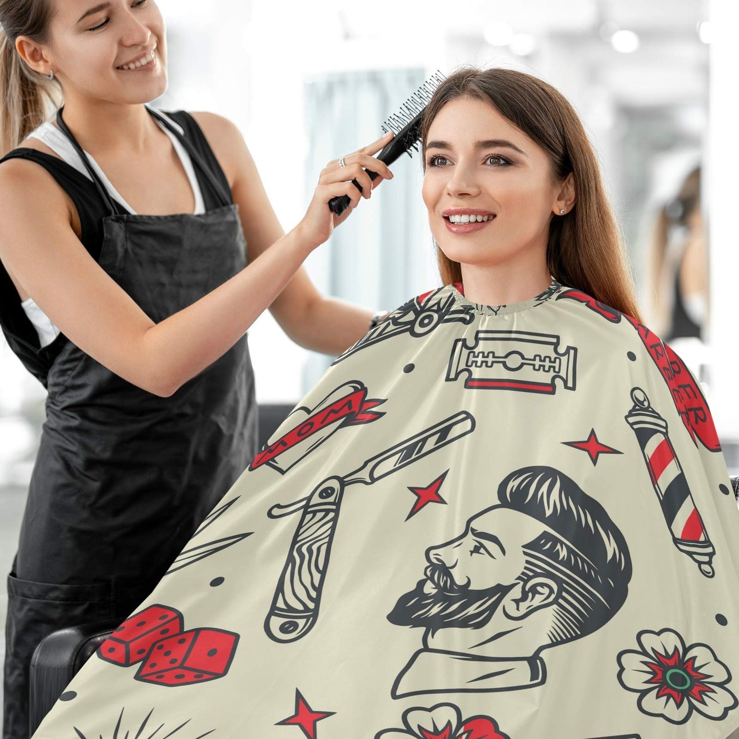 visesunny Barbershop Tattoo Vintage Seamless Pattern Barber Cape Anti-Static Hair Cutting Cape with Snap Closure Professional Salon Polyester Beard Shaving Bib Water-Resistant Hairdressing Cape Adjust