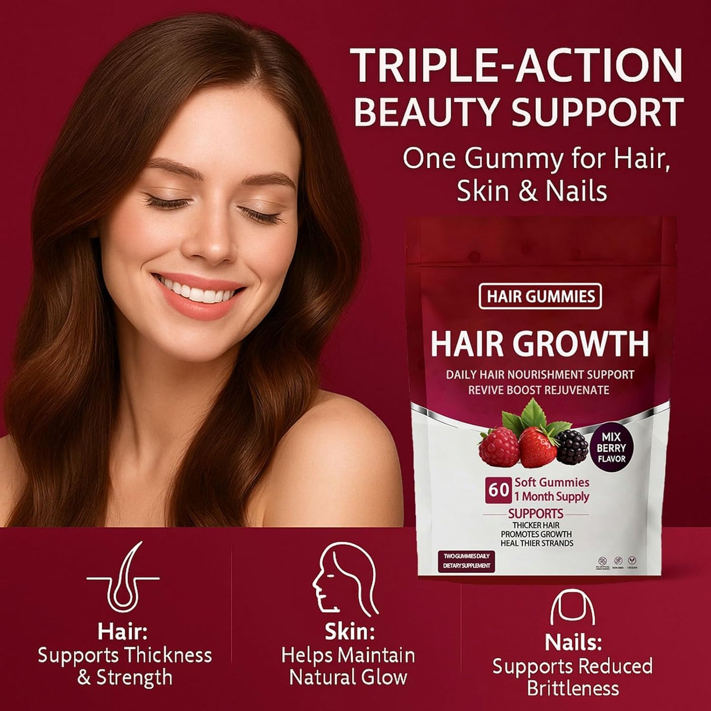 Lumin Hair Growth Gummies - Biotin & Collagen for Thicker Hair | Mixed Berry, 60 Count
