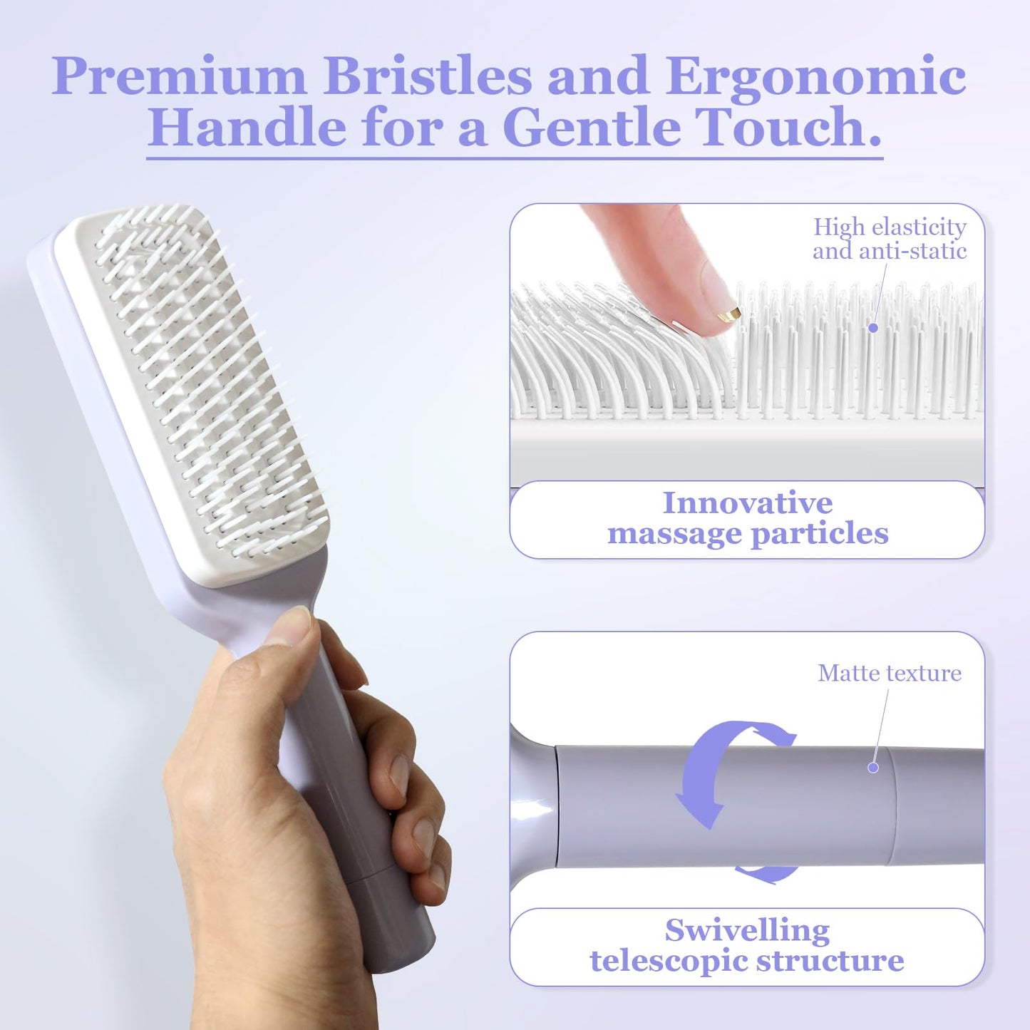 Self Cleaning Hair Brush, Anti Static Brush for Easy Hair Removal, Retractable Hair Brush with Firm Bristles, Scalp Massage Comb for Daily Detangling, Women Men
