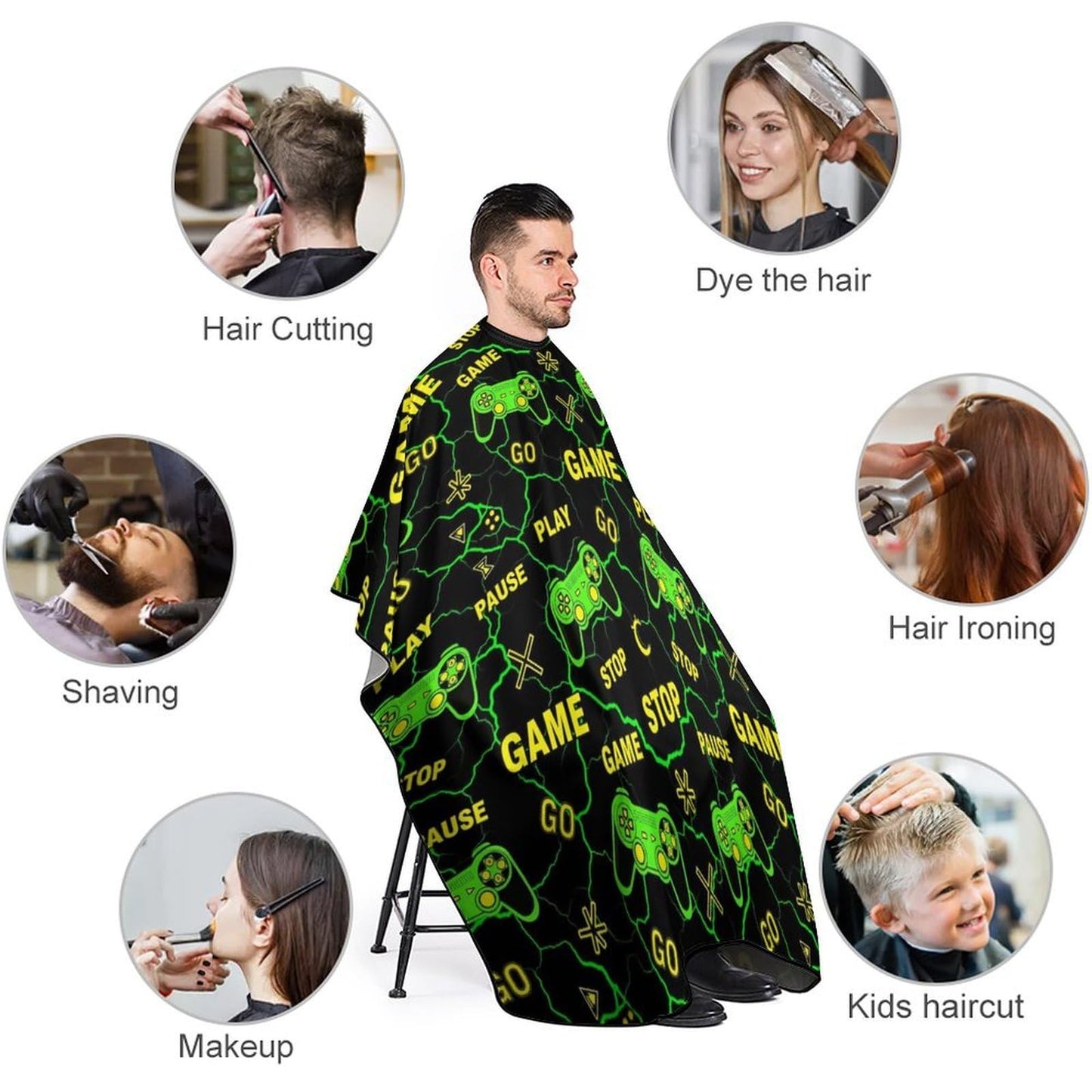 Men's Professional Hair Cutting Cape with Adjustable Closure Barber Cape Cool Green Video Game Weapon Games Pattern