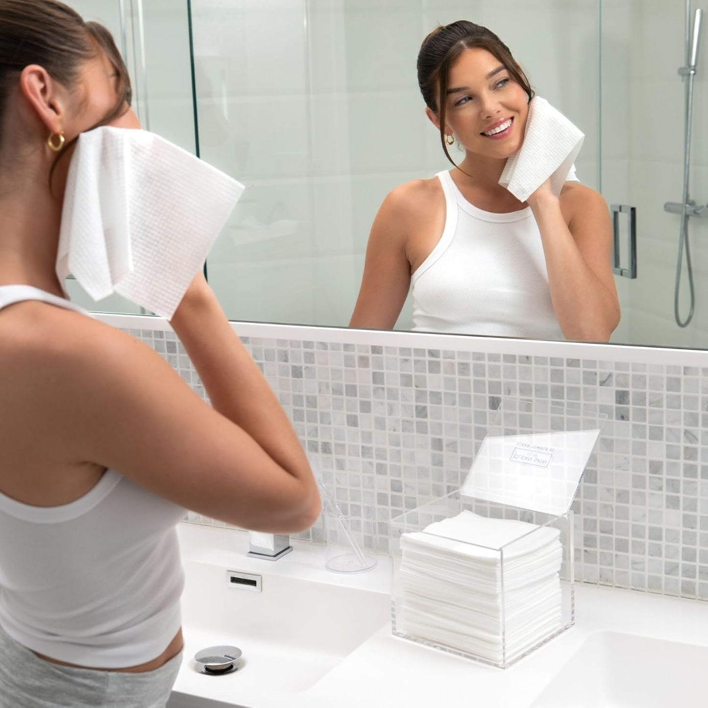 Clear Acrylic Box for Clean Towels - XL Storage Container for 50 Disposable Face Towelettes | Bathroom Counter Organizer