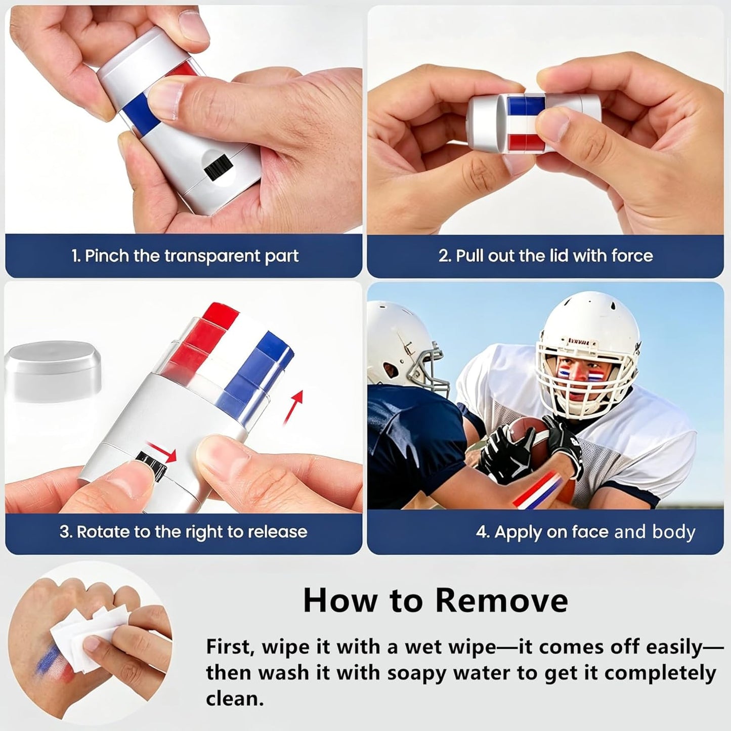 USA Flag Face & Body Paint - Patriotic Red, White & Blue Eye Black Stick for Game Day | 4th of July Makeup Accessory