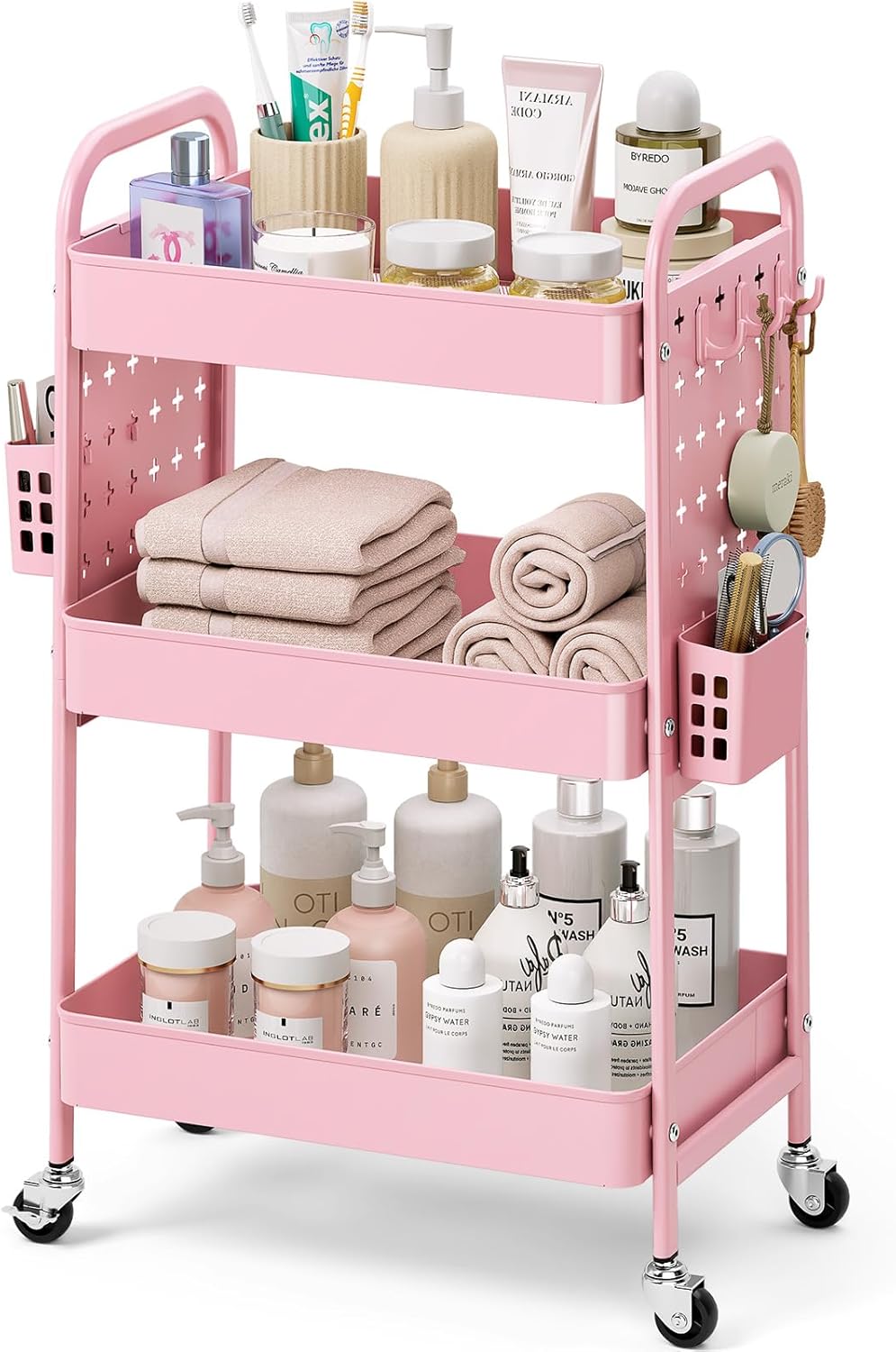 3 Tier Rolling Cart with DIY Pegboard - Metal Utility Cart with Wheels, Hooks & Baskets | Sturdy Storage Organizer for Craft, Bathroom, Kitchen, Office, Nursery, Classroom (Pink)