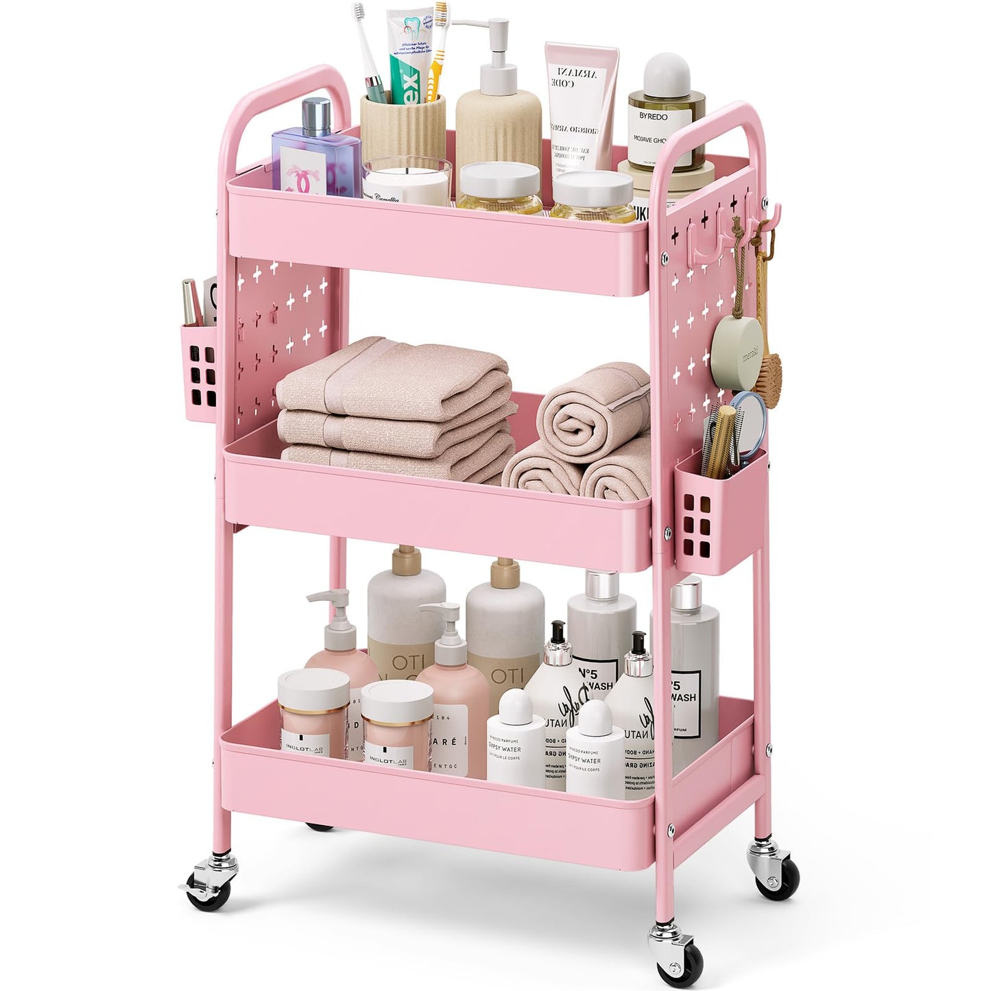 KINGRACK 3 Tier Rolling Cart with DIY Pegboard, Metal Utility Cart with Wheels, Hooks & Baskets, Sturdy Storage Organizer for Craft, Bathroom, Kitchen, Office, Nursery, Classroom(Pink)