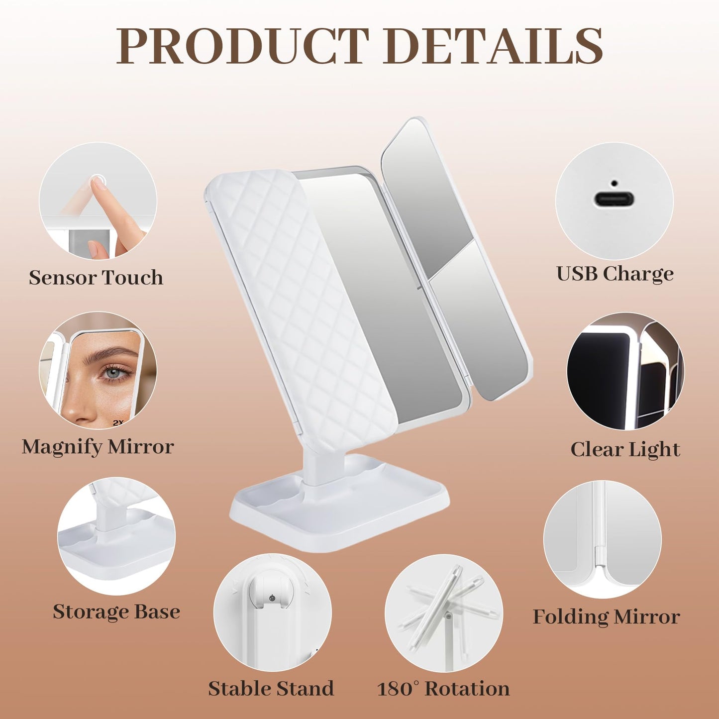 AoKayzu 1x/2x/3x Magnification Makeup Mirror,Adjustable Touch Screen with 4 Mode Lights Change 180°Rotation USB Charge Lighted Desktop Mirror for Make up Travel Cosmetic