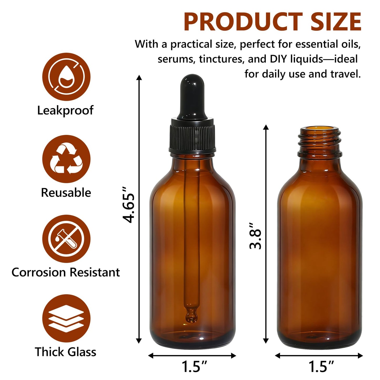 turvono 48 Pack 2oz Amber Glass Dropper Bottles, 60ml Leakproof Eye Dropper Bottles with Glass Droppers for Essential Oils, Tinctures, Serum, Hair Oil & Travel Liquids