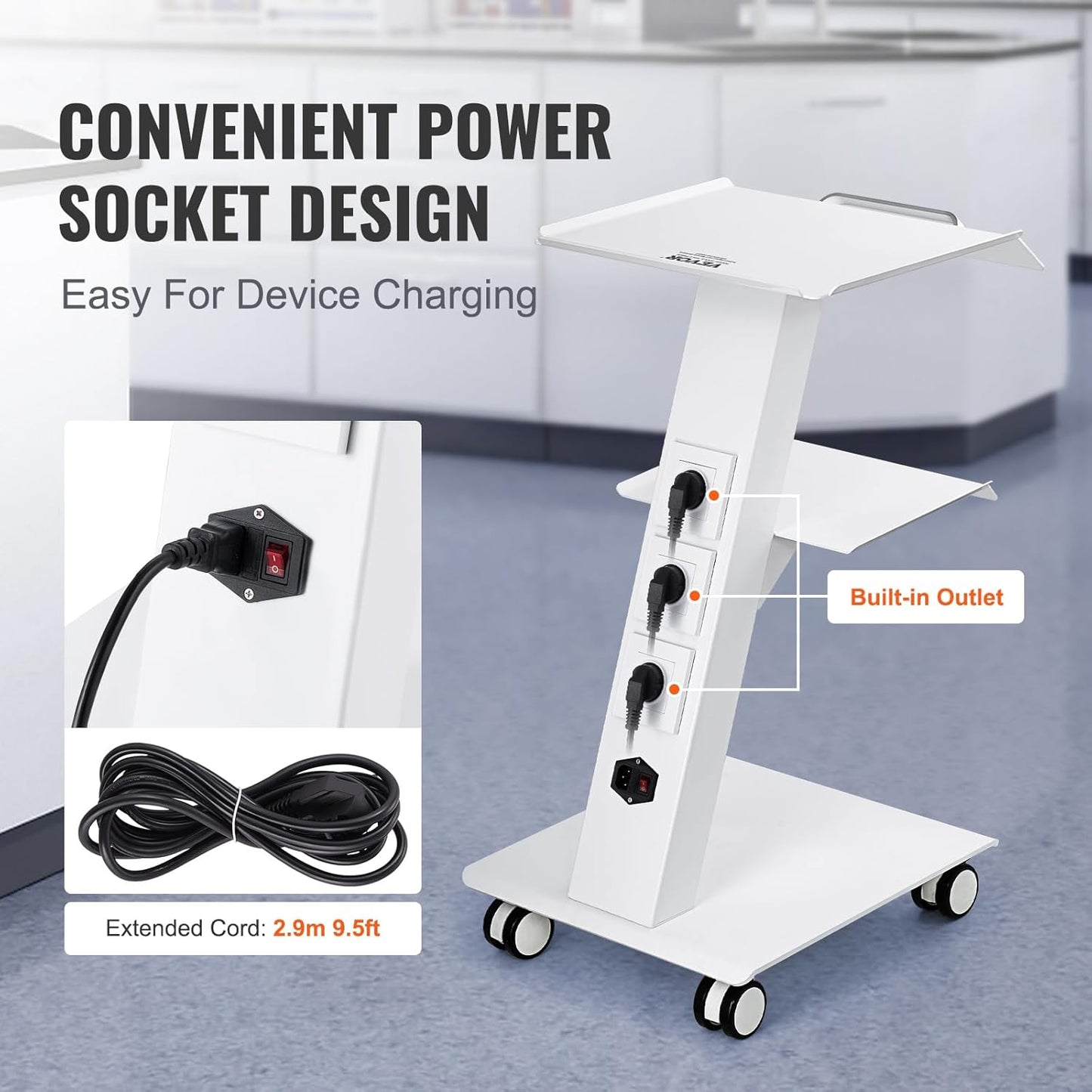 VEVOR Rolling Esthetician Cart - 3-Tier Metal Medical Trolley with Swivel Wheels | 220 lbs Capacity, Mobile Ultrasonic Tray for Beauty & Clinic