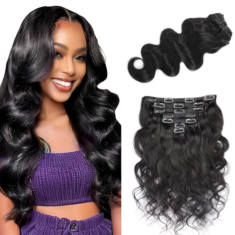 #1B Body Wave Clip in Hair Extensions Real Human Hair, 26 Inch 120g/7Pcs,Full Shine Remy Human Hair,Natural Black Clip ins Brazilian Virgin Human Hair Extensions