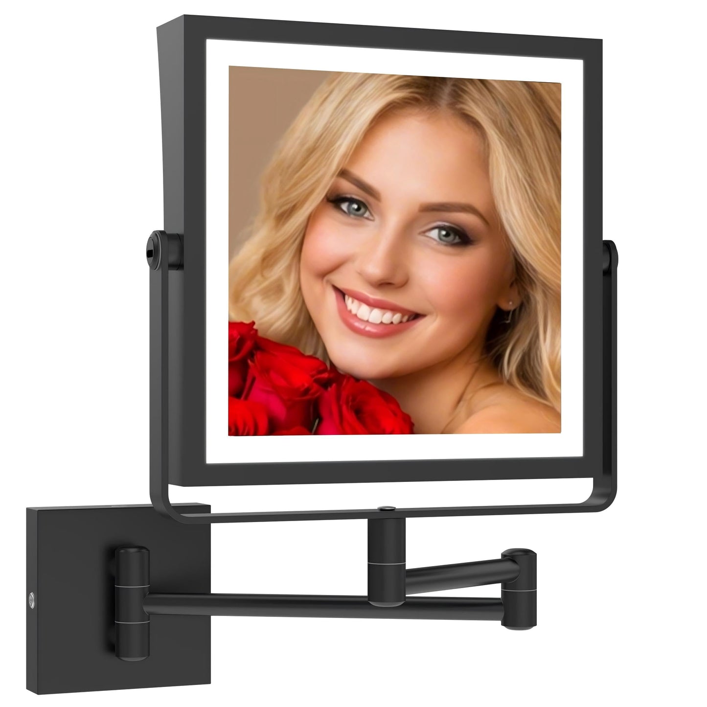 Ruacq Rechargeable Wall Mounted Makeup Mirror with Lights, Double Sided 1X/10X Magnifying Vanity Mirror with 3 Color Lighting, Touch Screen Dimmable, 360° Rotation Extension Foldable Arm(Matte Black)
