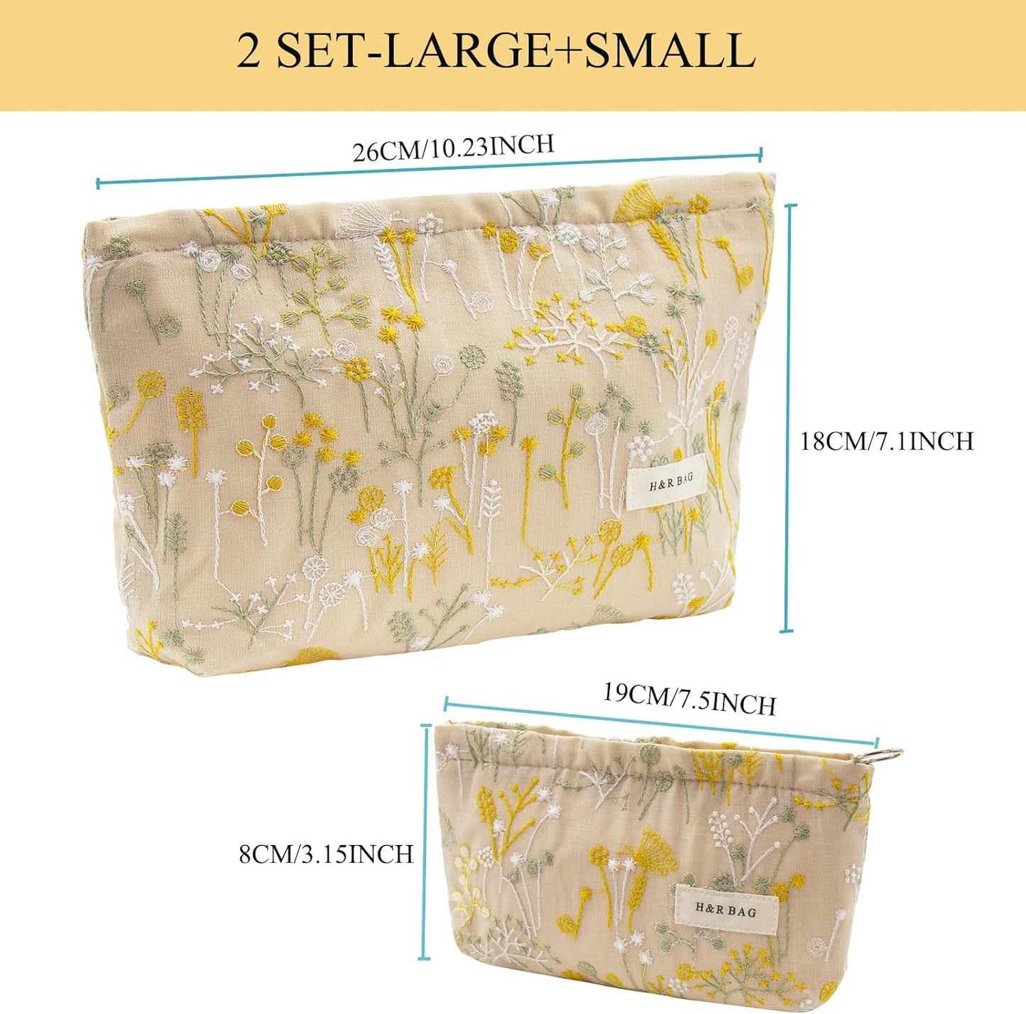 Large Floral Makeup Bag Set - 2 Pcs Travel Toiletry Organizer for Women | Embroidered Cosmetic Pouches with Zipper