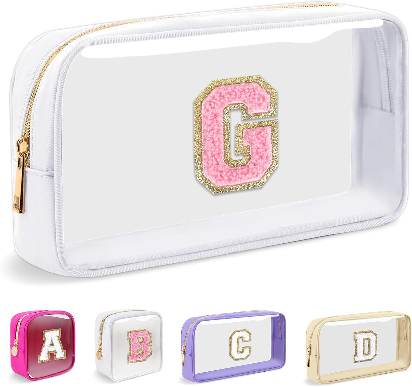 Personalized Initial Makeup Bag - Waterproof Nylon Cosmetic Pouch | A-Z Chenille Letter Patch, White-Pink G