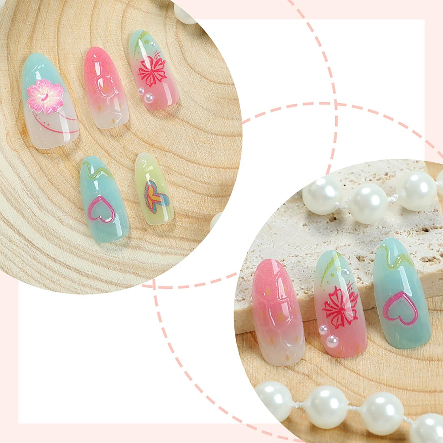 30Pcs Summer Press On Nails - Medium Almond Shape with 3D Starfish Designs | Includes Nail File & Jelly Stickers