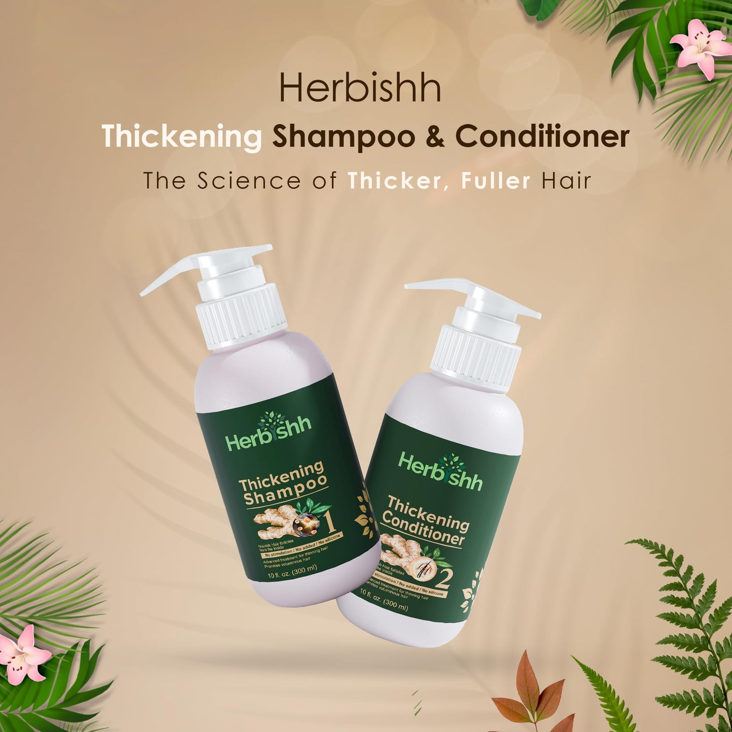 Herbishh Ginger Extract Thickening Shampoo and Hair Conditioner for Hair Thickening, Suitable for All Type Hair, Sulphates & Parabens Free 10fl. oz Pack of 2