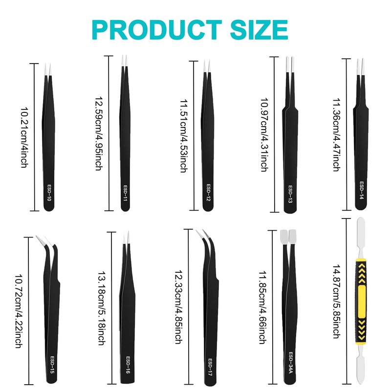 Precision Tweezers Set 10 Piece, ESD Safe Anti-Static Stainless Steel Kit with Case & Pry Tool for Electronics Repair, PCB Soldering, Jewelry Making, Watch Repair, Lab and Craft Work