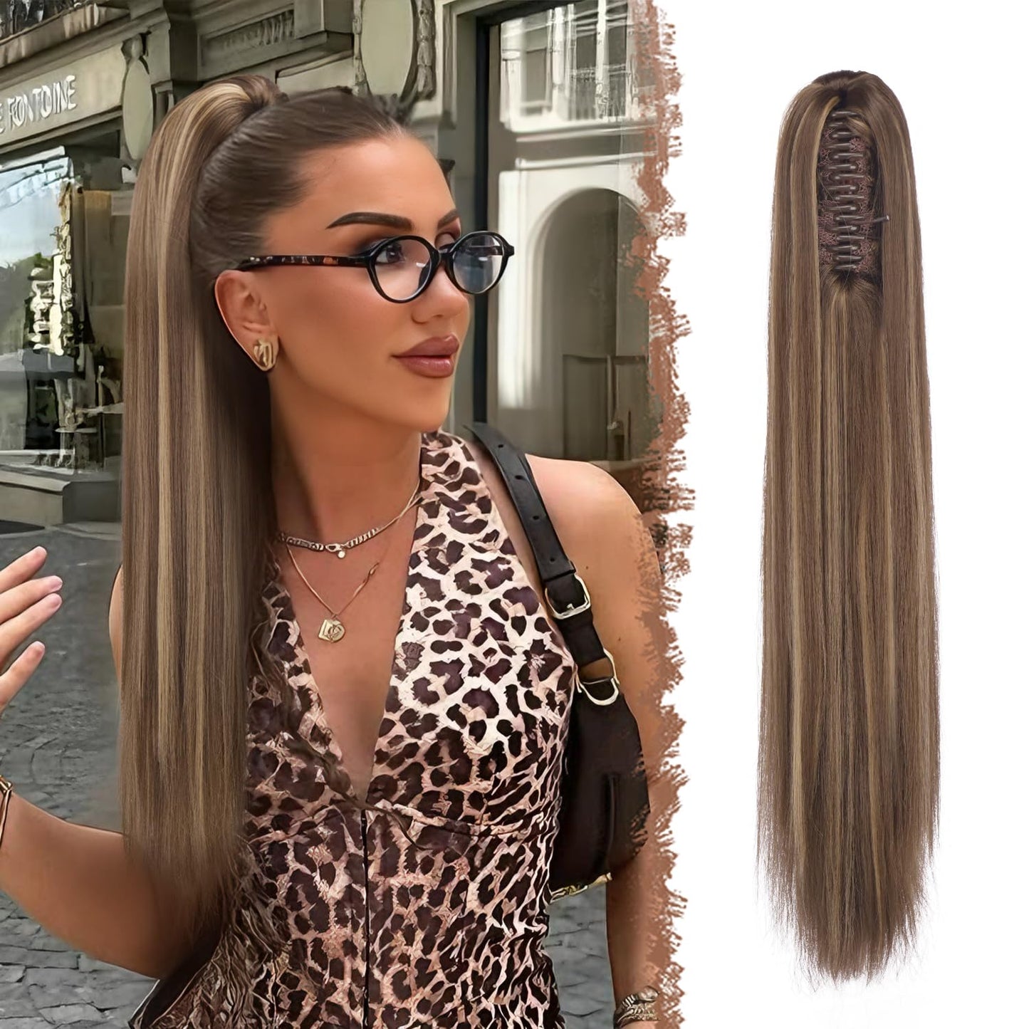 Claw Ponytail Extensions - 25-Inch Long Straight Clip-In Hairpieces | Honey Blonde & Light Brown Mix