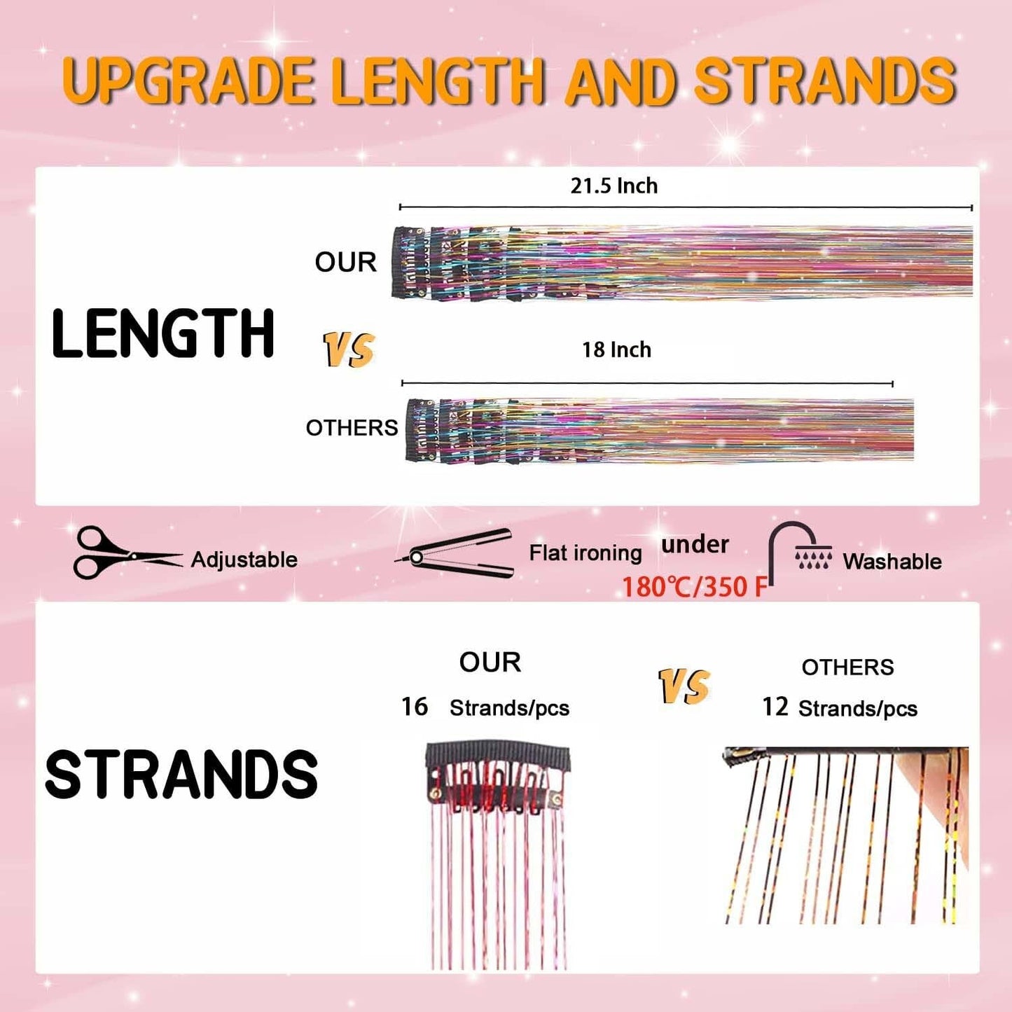Hair Tinsel Clip in Tinsel Hair Extensions, 6Pcs 21.22In Fairy Glitter Hair Tinsel for Women Sparkle Heat Resistant Festival Hair Accessories for Halloween, Christmas, New Year, Party, Cosplay