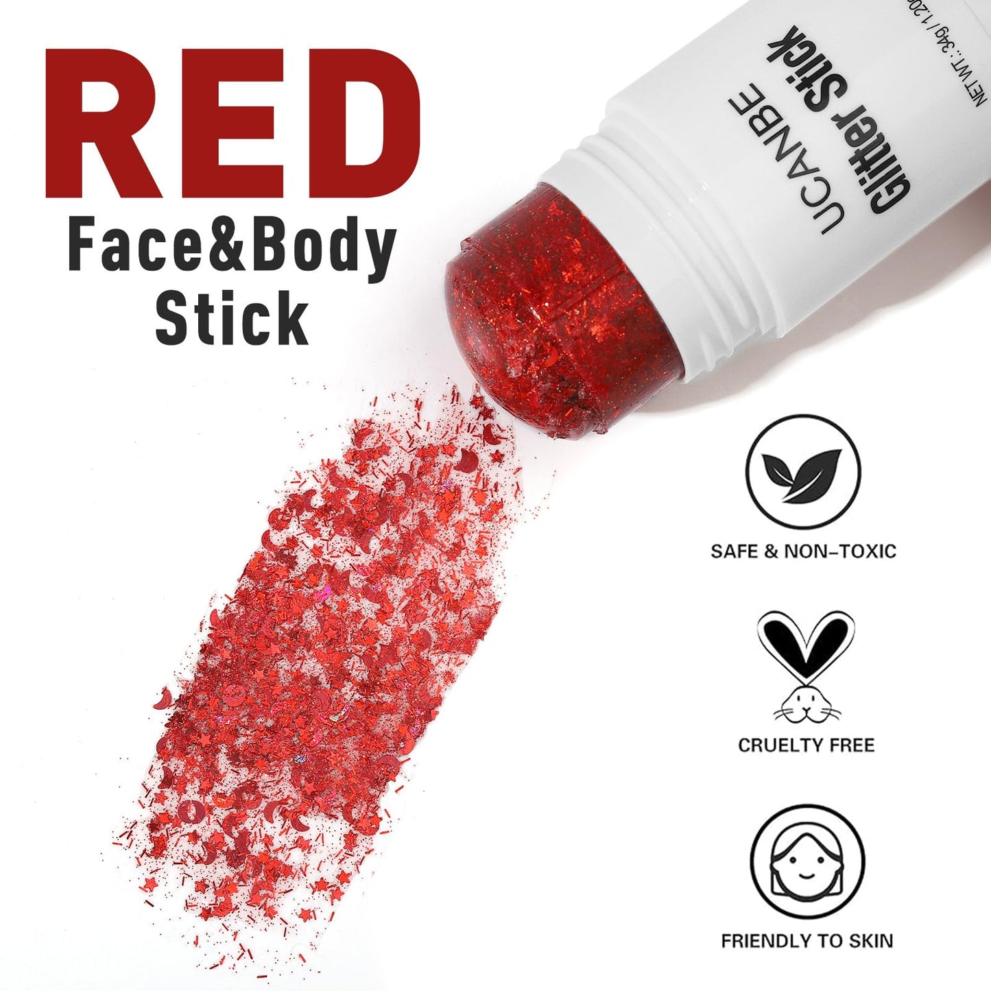 UCANBE Red Body Glitter Stick for Singer Concerts Music Festivals, Face Glitter Makeup for Face Body Hair Eyes & Lips, Chunky Glitter Sparkling Mermaid Sequins for Women 1.2OZ