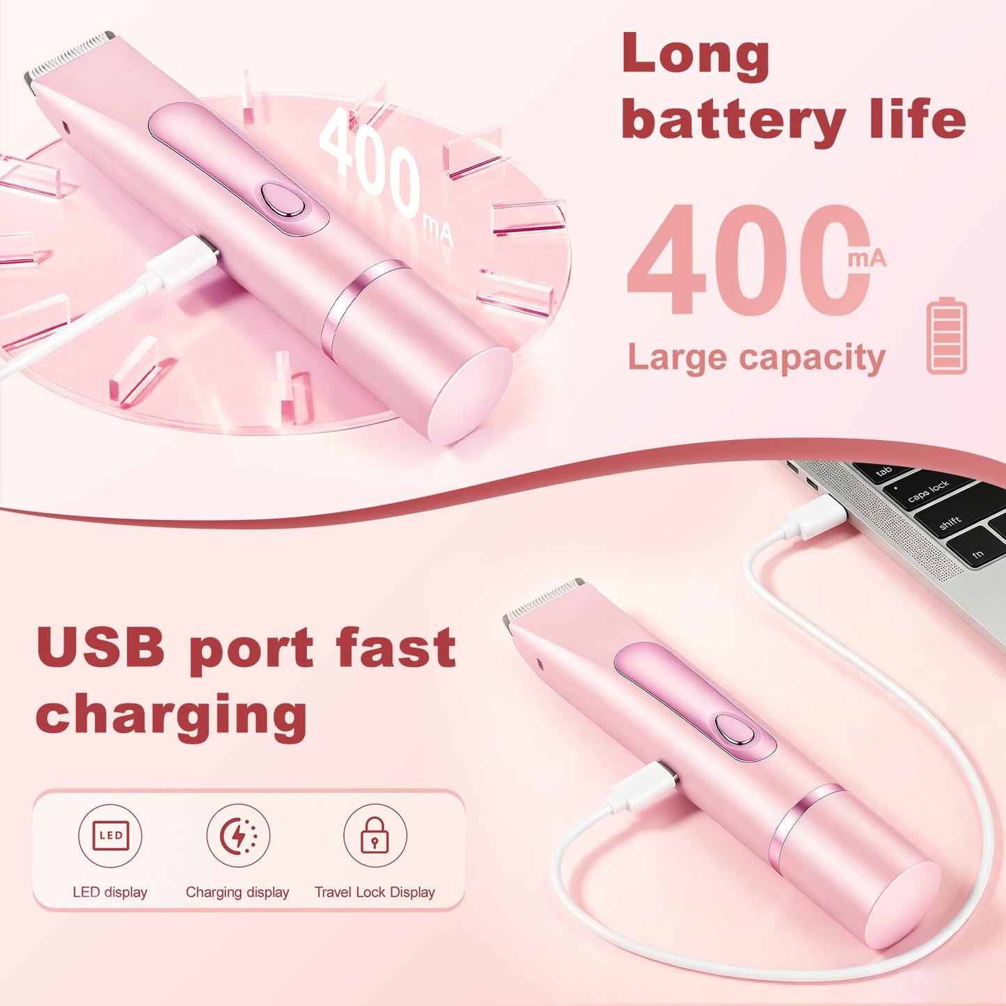 Dual Head Women Bikini Trimmer Quiet Electric Razor for Sensitive Skin IPX7 Waterproof Ceramic Blade LCD Rechargeable Pubic Hair Shaver for Armpit Leg Face (Pink)
