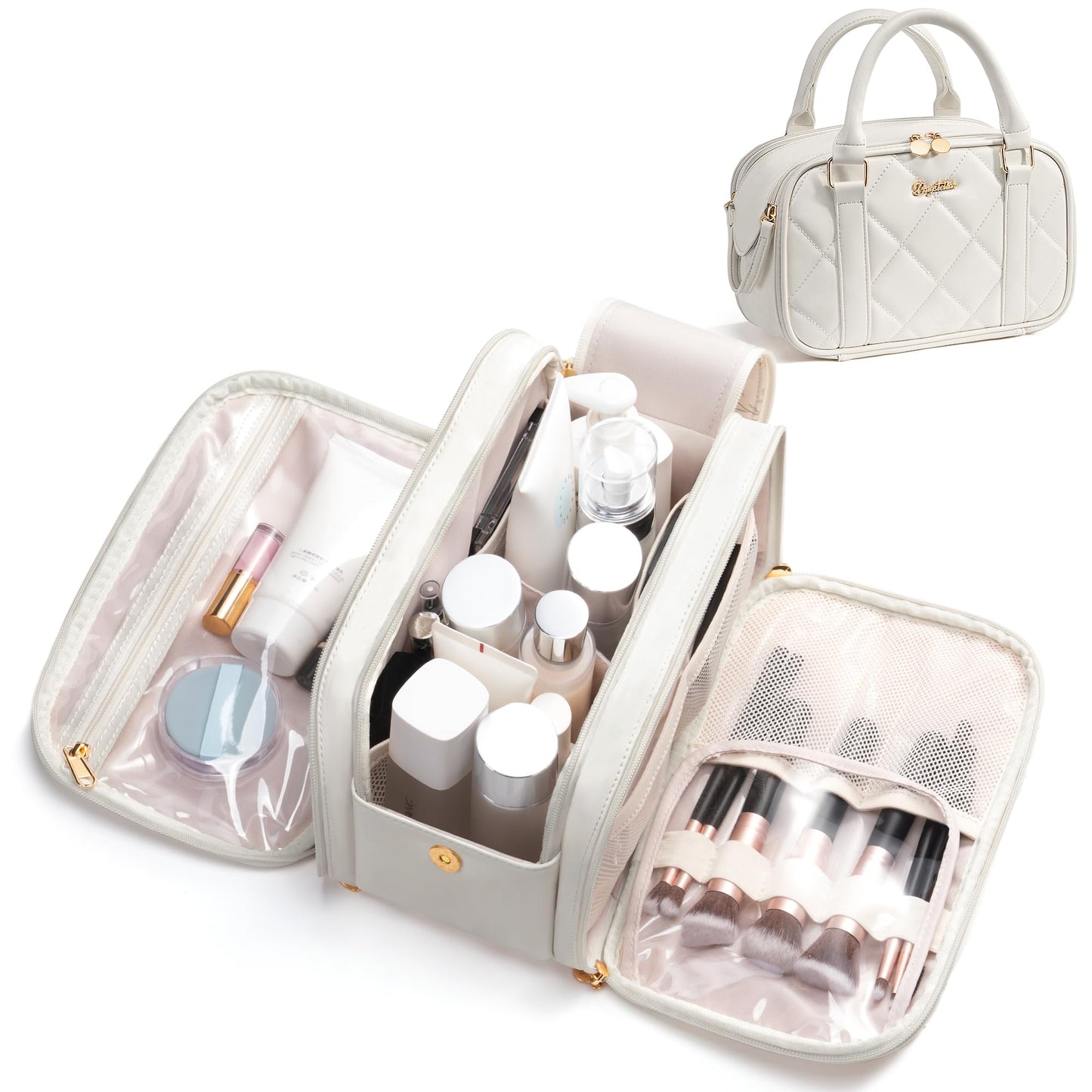 Bagstellar Travel Makeup Bag, Large Capacity Quilted Toiletry Bag for Women Stand-up Cosmetic Bag Open Flat Make Up Case Organizer Portable Pouch Purse w/Handle for Traveling Accessories Ivory White