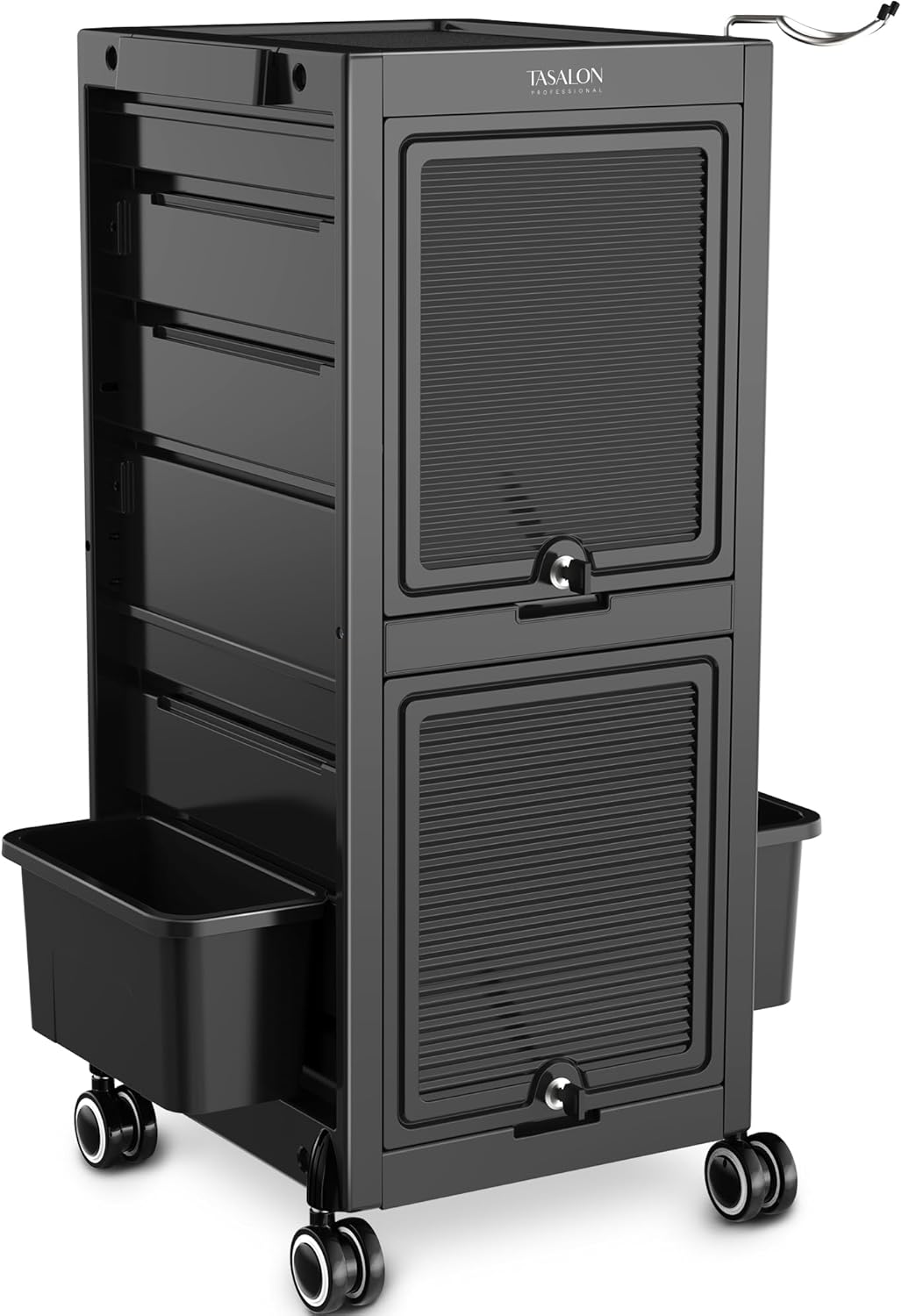 Lockable Salon Trolley Cart - Rolling Hair Stylist Storage with 6 Drawers & 2 Buckets | Versatile Multi-Use Design