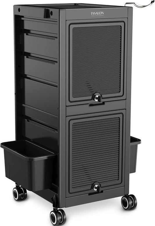Lockable Salon Trolley Cart - Rolling Hair Stylist Storage with 6 Drawers & 2 Buckets | Versatile Multi-Use Design