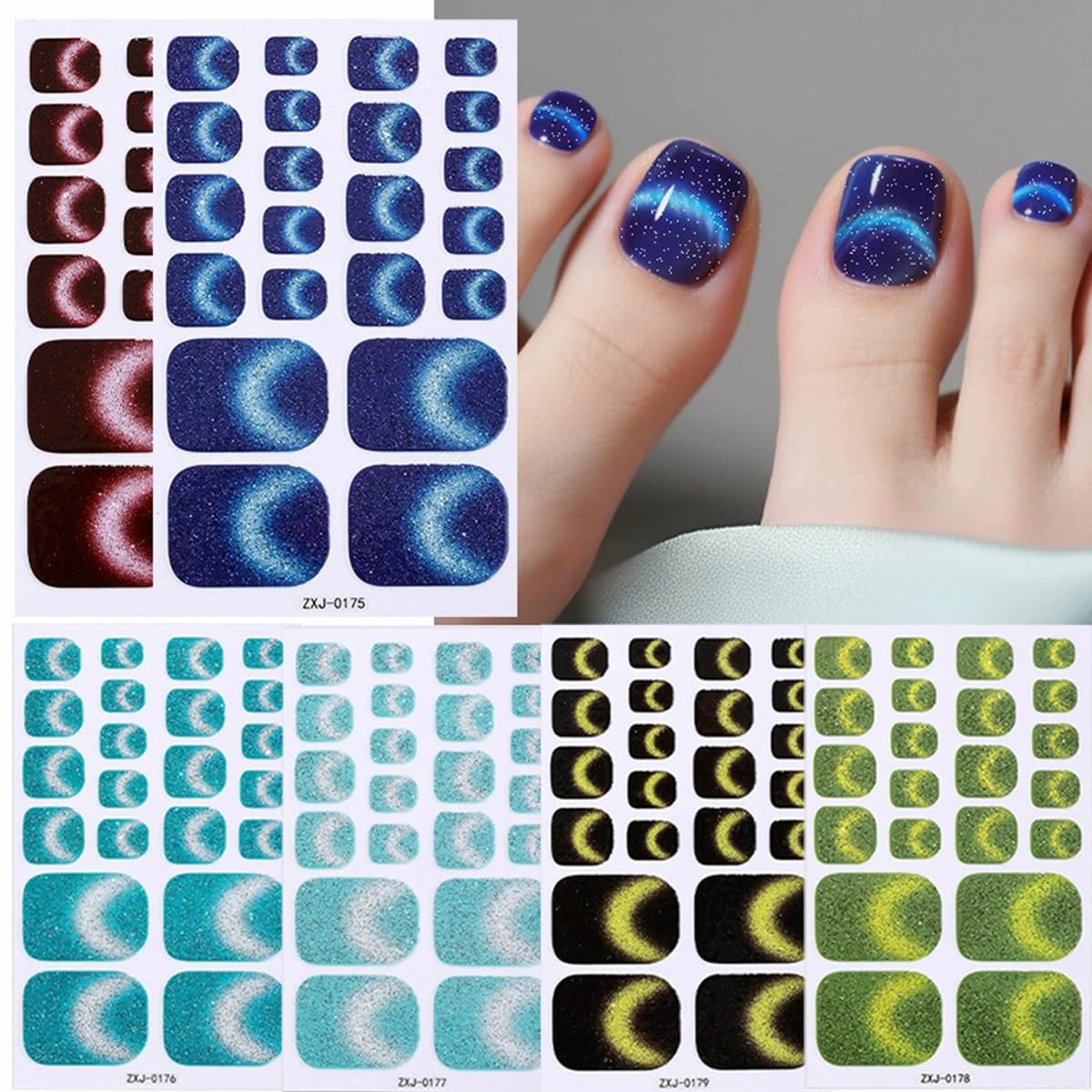 Toe Full Nail Wraps Gel Nail Stickers Solid Gradient Glitter Nail Full Wrap Full Cover Nail Polish Strips 6PCS Smile French Line Self-Adhesive Toe Nail Decals for Women Manicure Nail Art Decorations