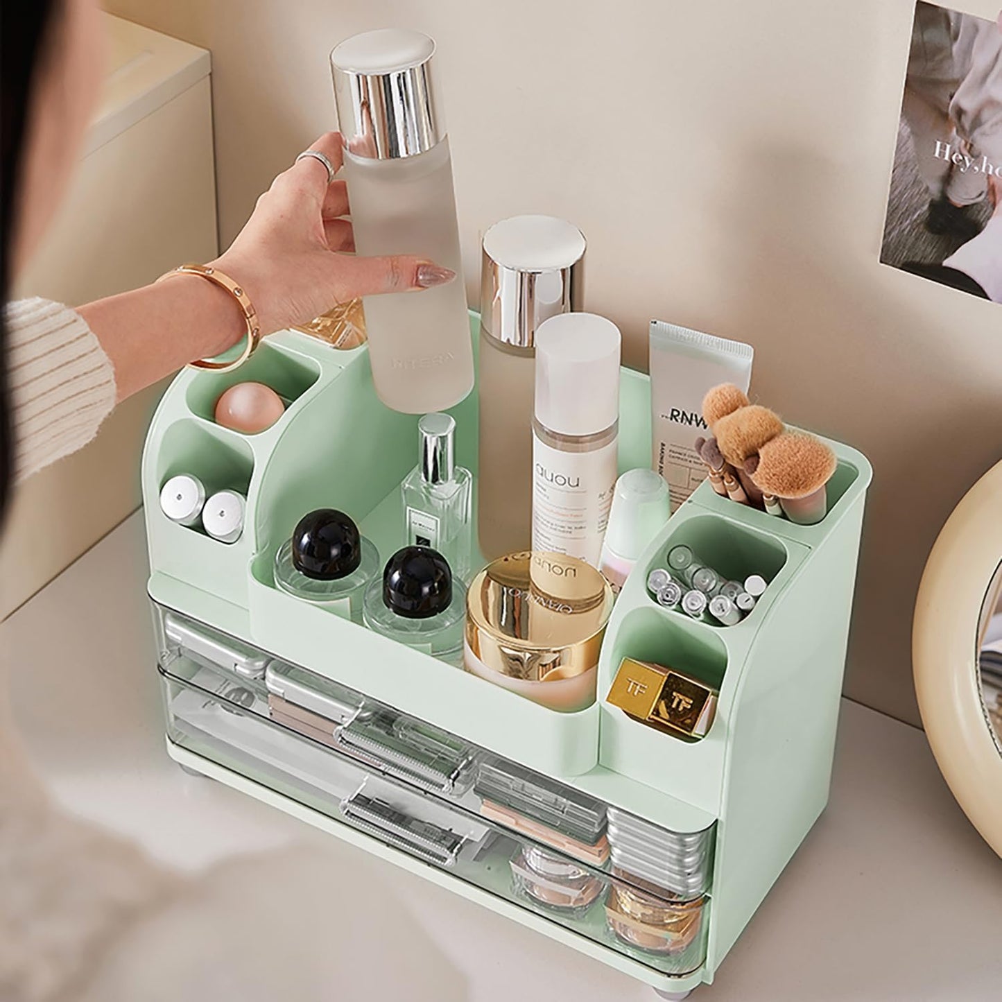 TIRUSS Makeup Organizer with Drawers for Vanity,Bathroom Countertop Organizer with Brushes Holder,Skincare Storage Organizer for Lipsticks,Nail Polishes, Perfumes,Eyeshadow Palettes (Green)